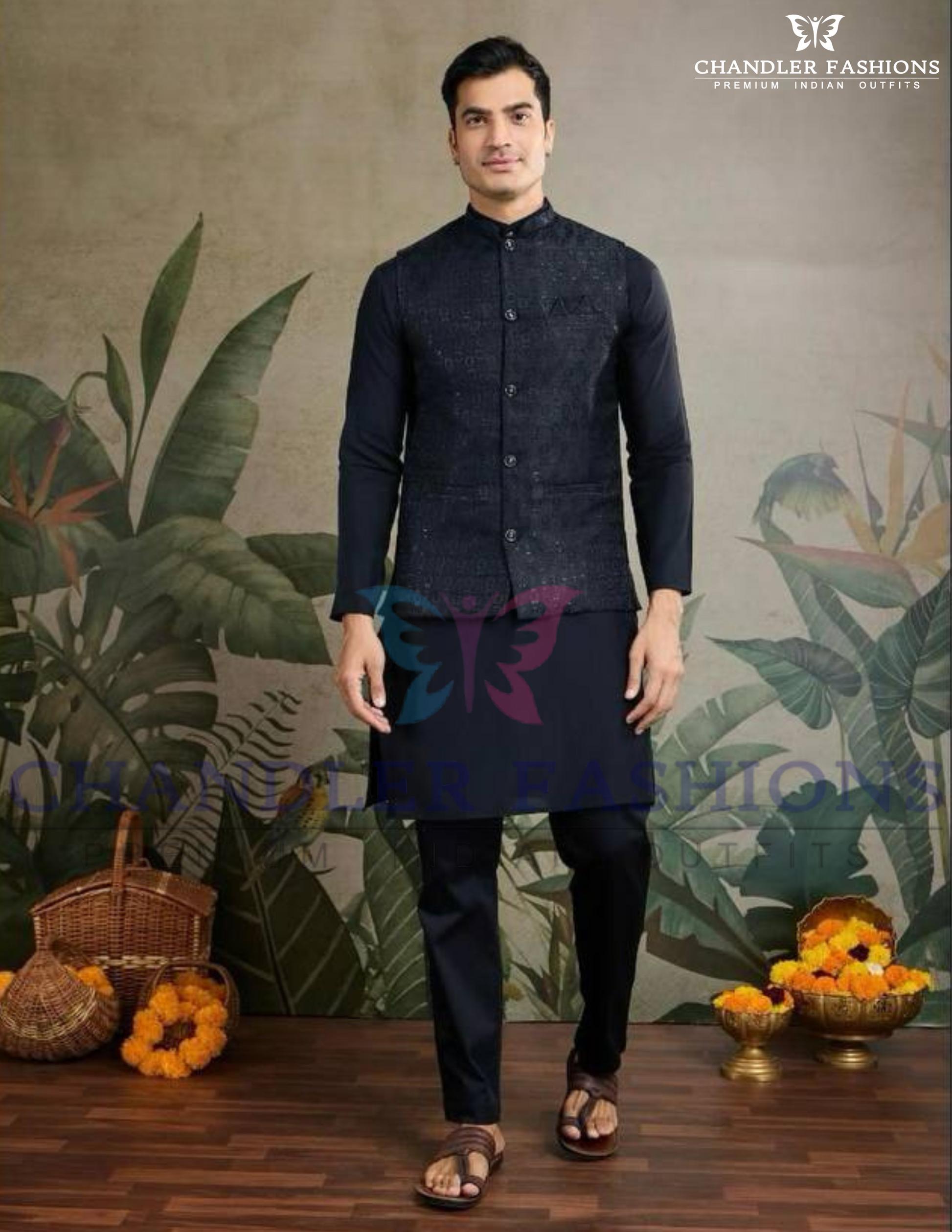 Attractive Black Color Viscose Silk Kurta Embroidery And Sequins Work With Pajama And Jacket Set For Men
