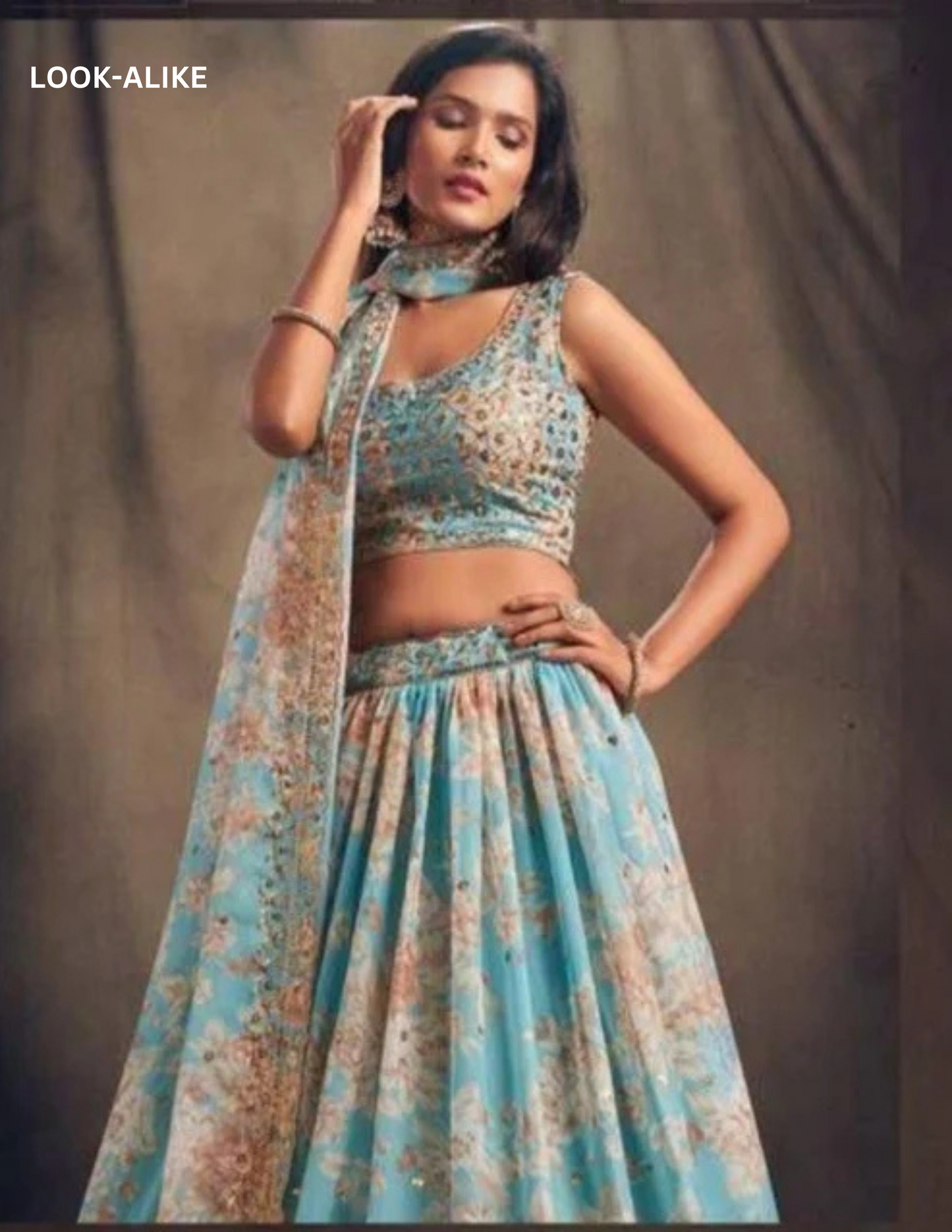 Beautiful Light Blue Color Rose Printed and Golden Zari Lehenga With Dupatta Set Near Me