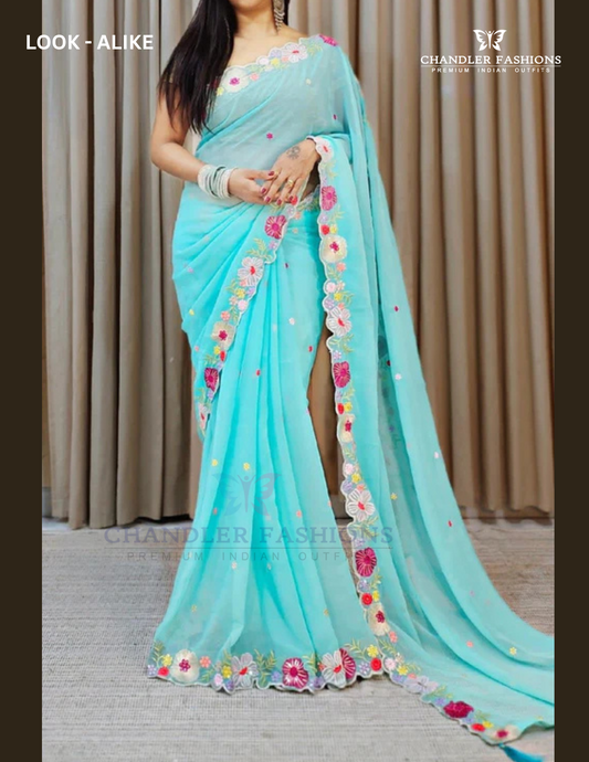 Beautiful Skyblue Colored Faux Georgette Embroidery Work Designer Saree For Women