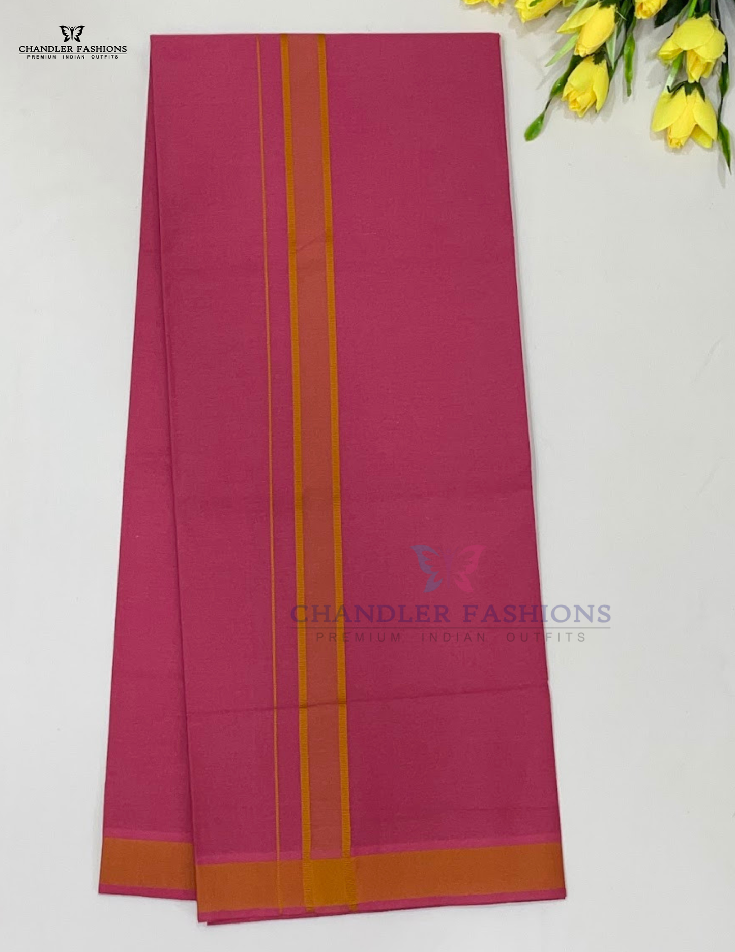 Pink Color With Yellow Border Cotton Dhoti Near Me