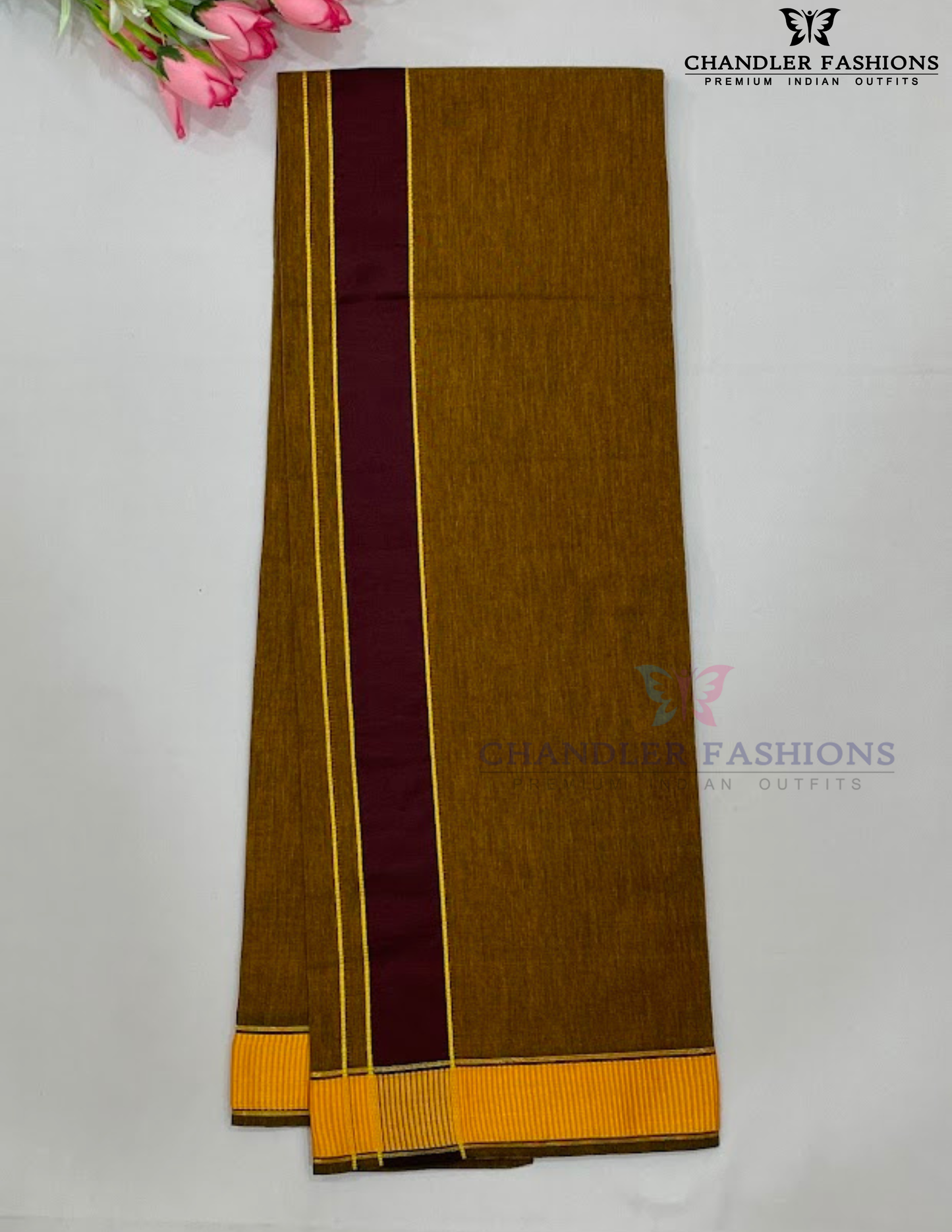 Alluring Men's Mustard Yellow Color Cotton Dhoti With Maroon Border Near Me