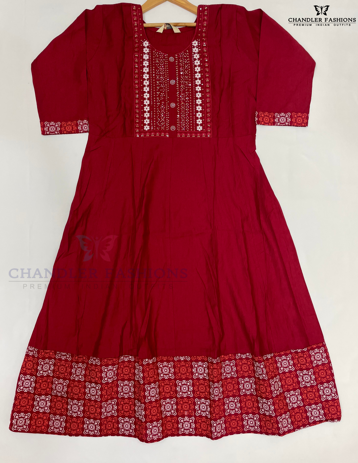 Dark Red Color Cotton With Embroidery Sequins Work Kurti In USA