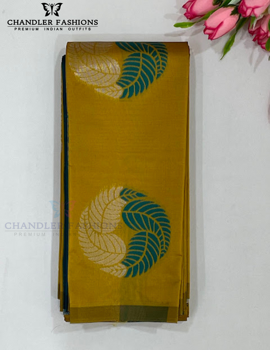 Attractive Mustard Yellow  Color leaf motifs Pure Kanchi Silk Saree For Women