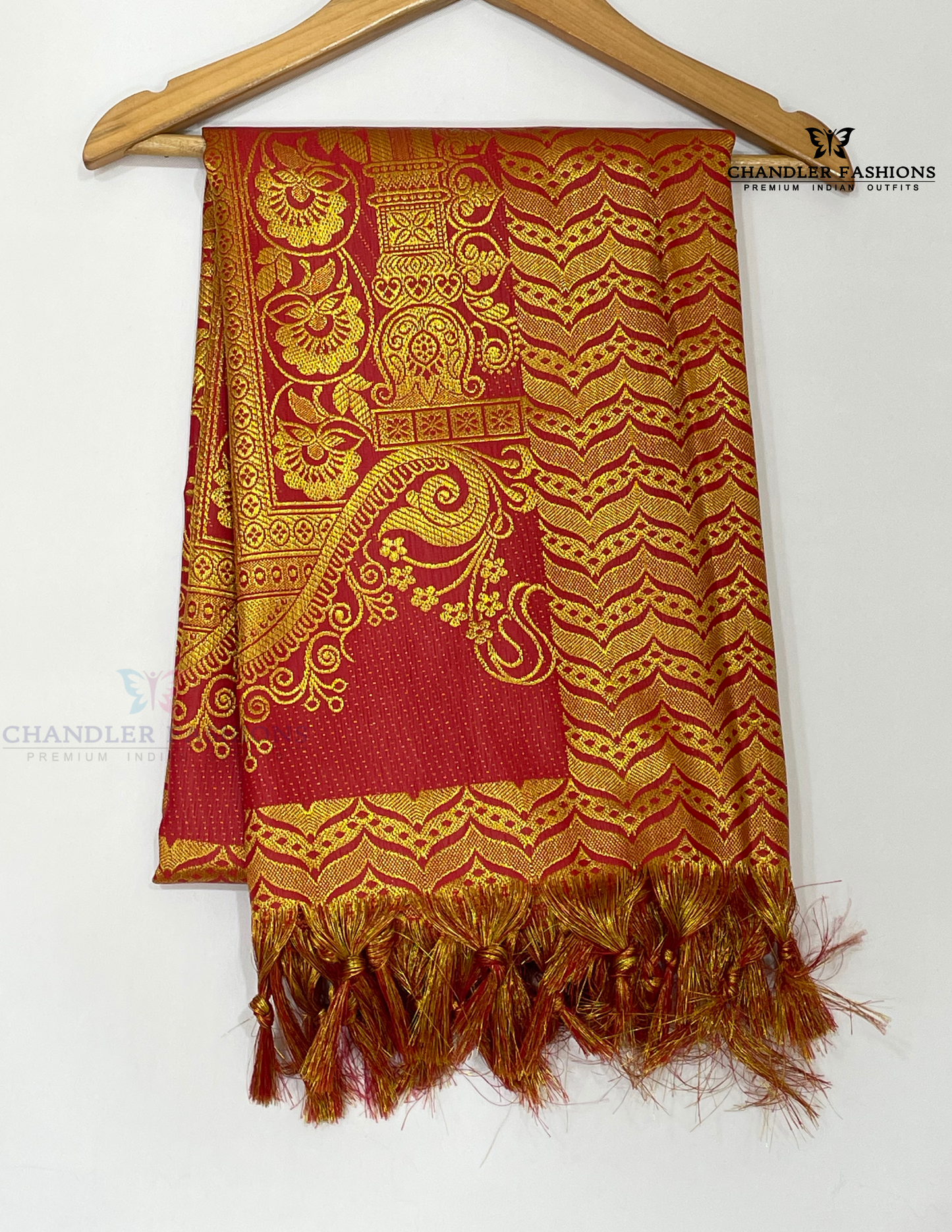 Attractive Red Color Silk Shawl With Golden Flower Zari Work Near Me