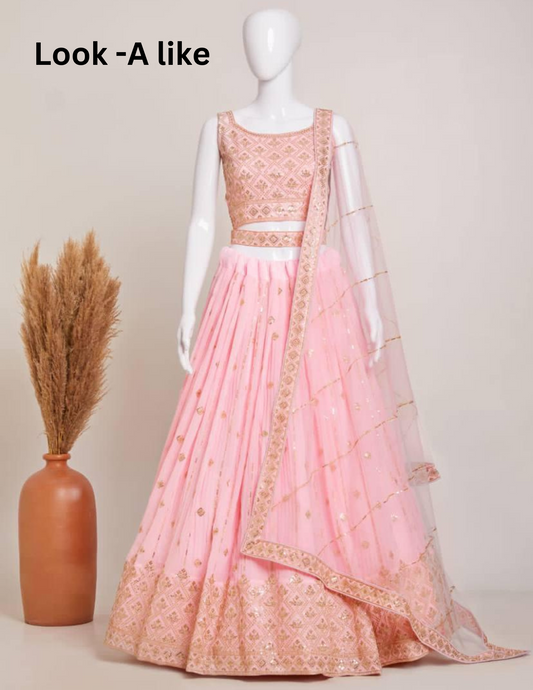 Attractive Light Pink Colored Heavy Georgette Embroidery And Sequins Work Lehenga Choli With Dupatta Set