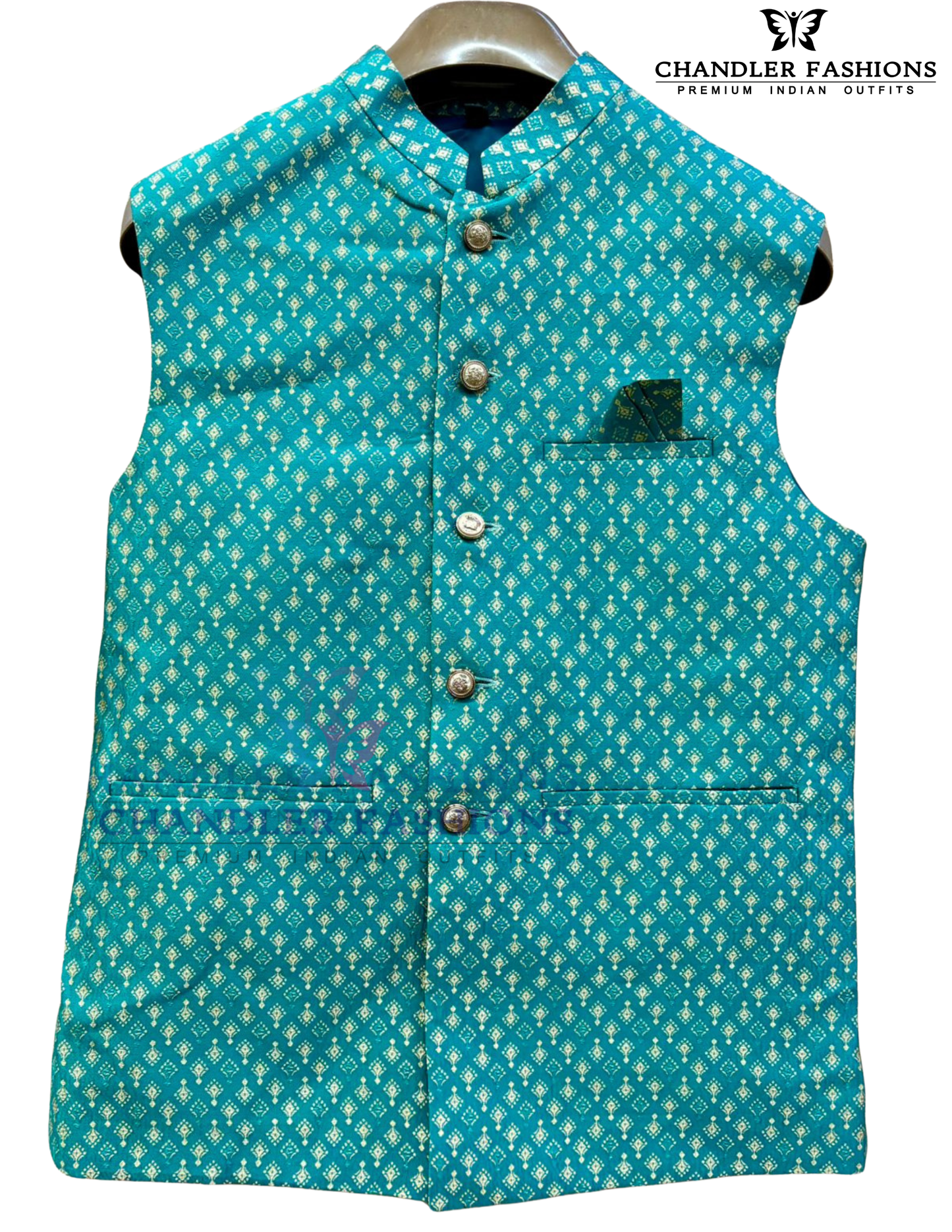 Wonderful Teal Blue Color Jacquard With Self Design Men's Jacket