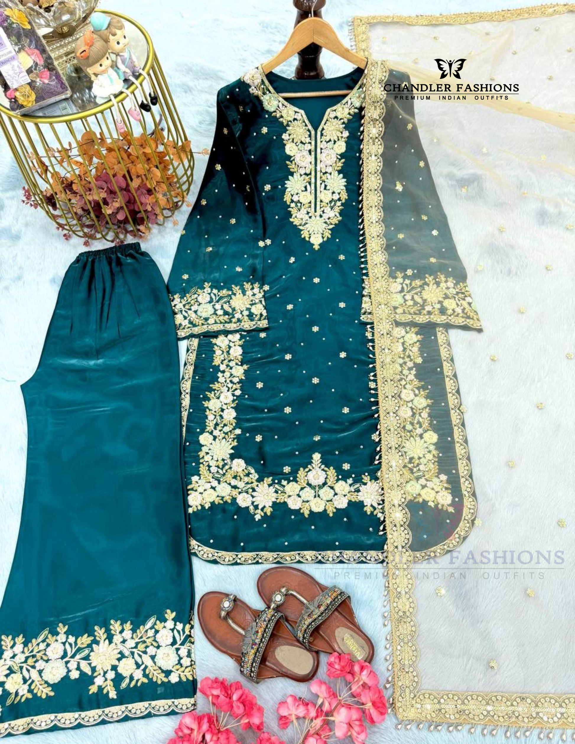 Elegant Teal Blue Color Palazzo Suits With Embroidery And Sequins Work In USA