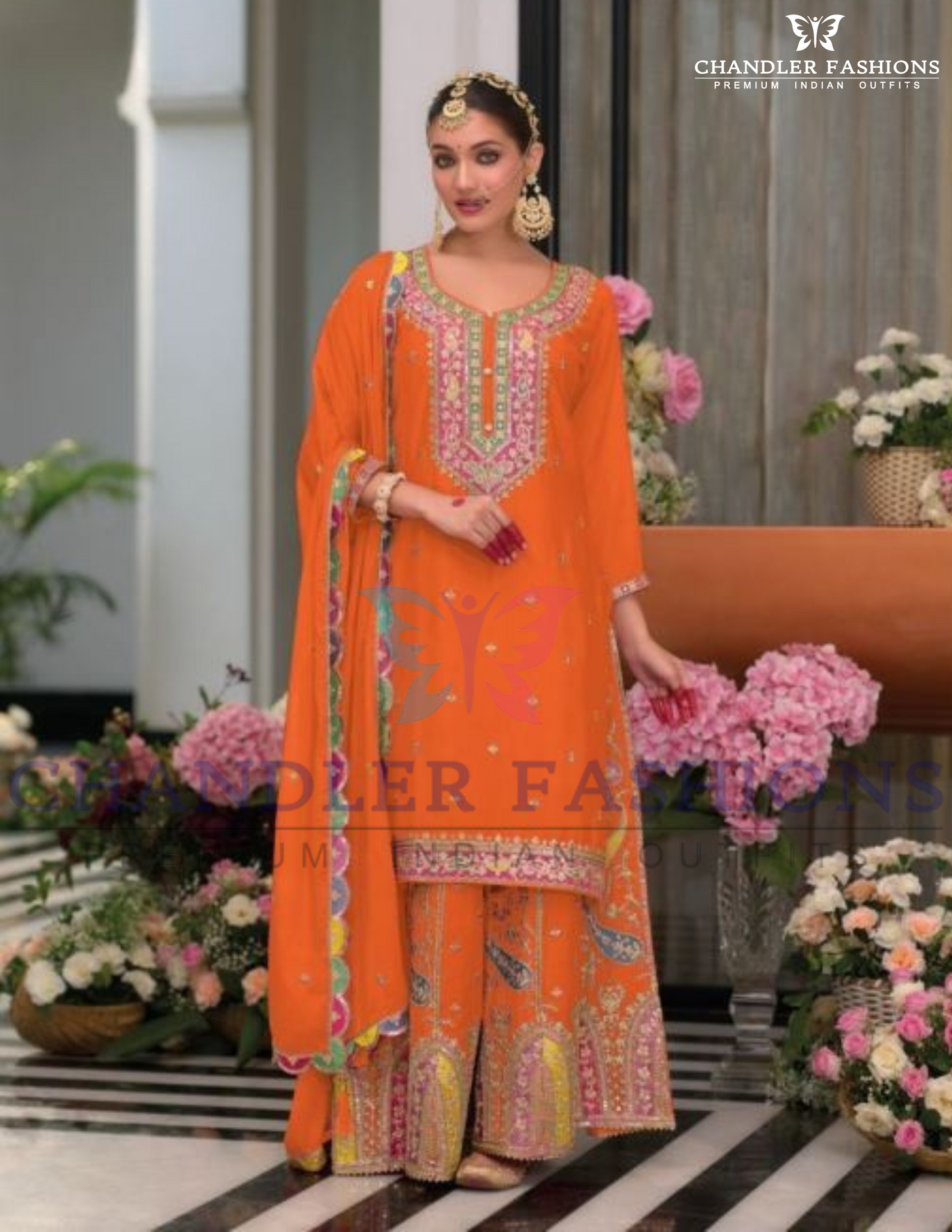 Elegant Orange Color Chinon Embroidery Work Palazzo Suits With Dupatta
