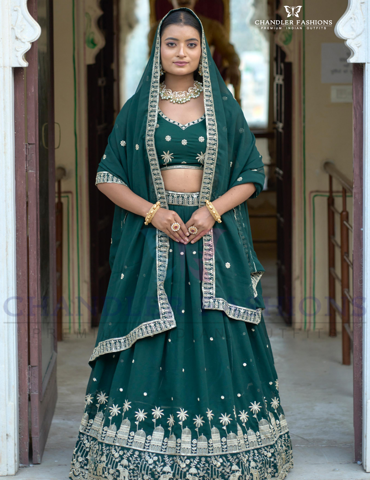 Attractive Dark Green Color Georgette With Embroidery Sequins Work Lehenga Choli For Women