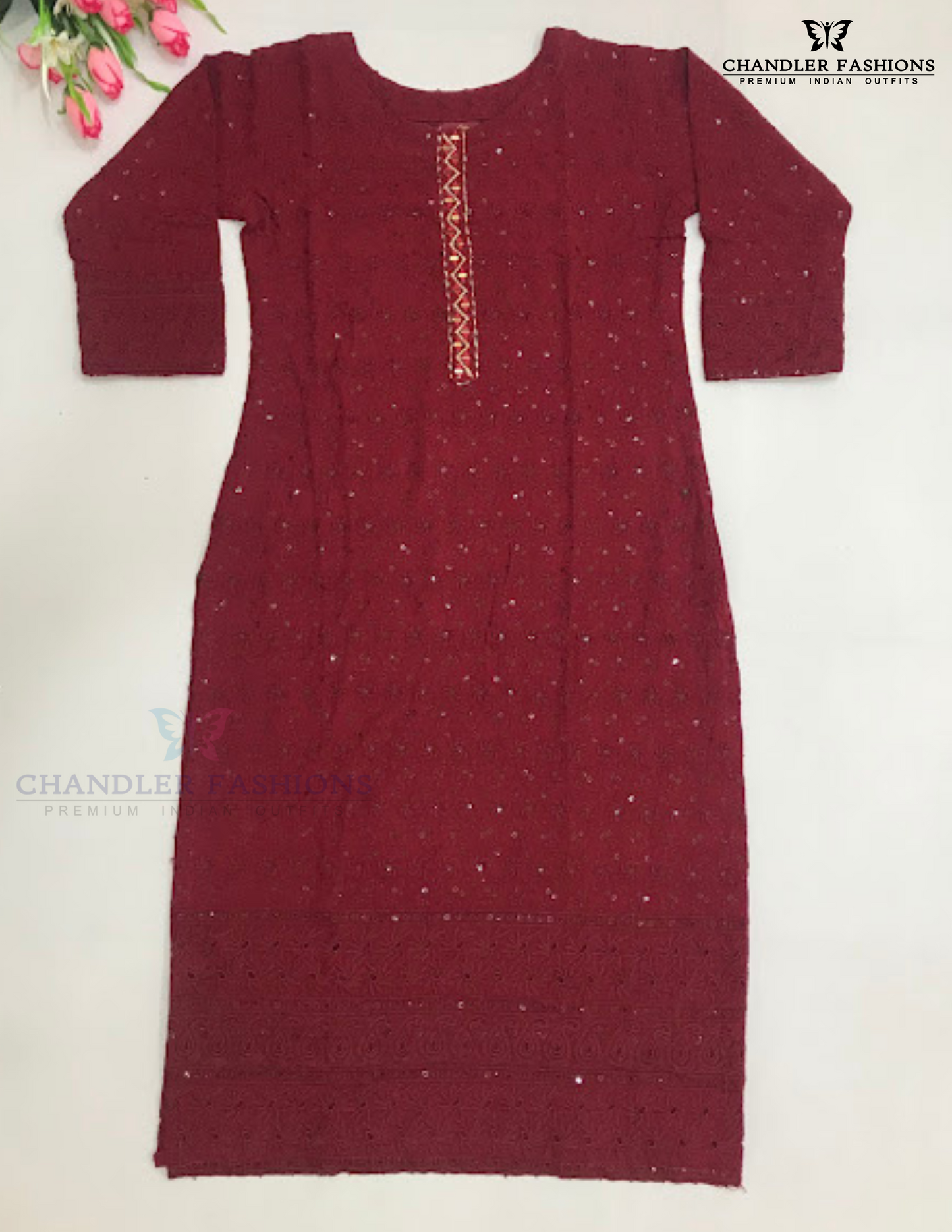 Alluring Maroon Color Cotton With Embroidery Sequins And Mirror Work Kurti For Girls