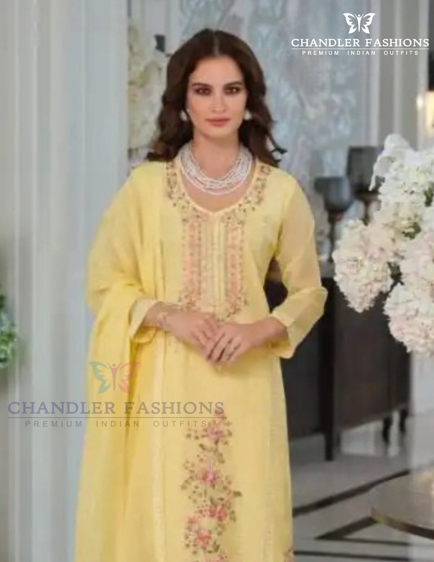 Light Yellow Color Chinon With Embroidery Work Salwar Suits For Near Me
