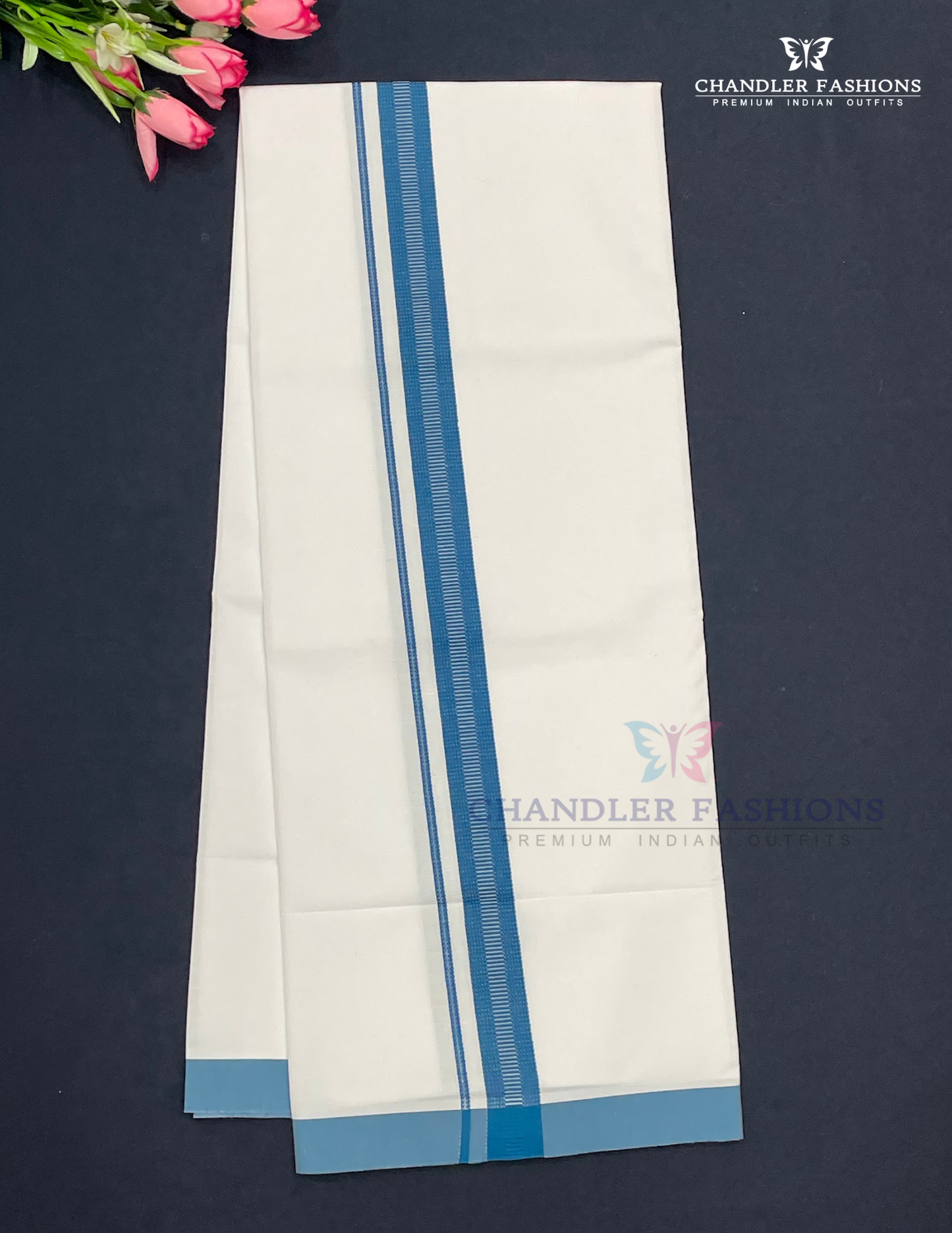Men's White Color Cotton Dhoti With Blue Border Near Me