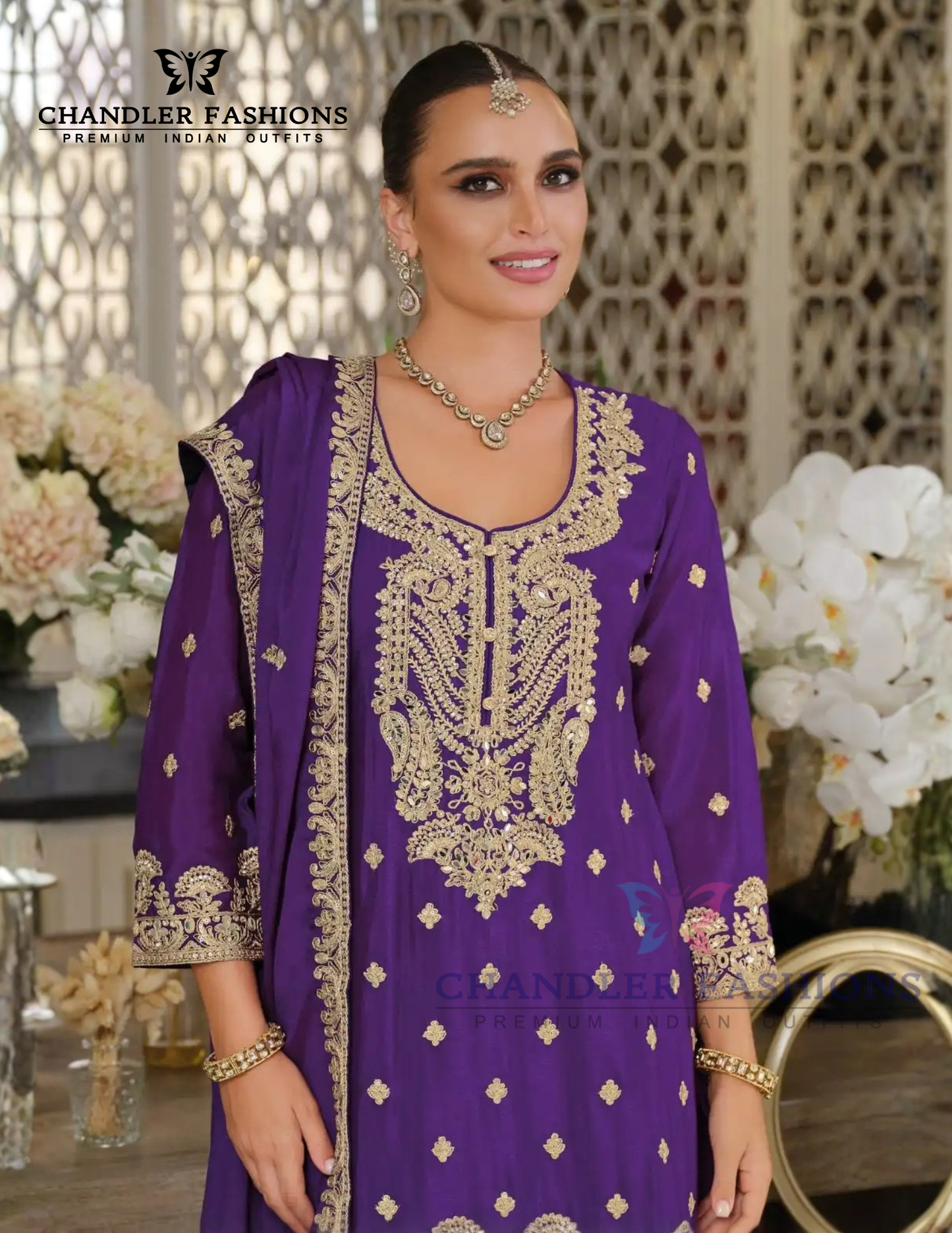 Gorgeous Violet Color Chinon Silk Sequins And Embroidery Work Palazzo Suits Near Me