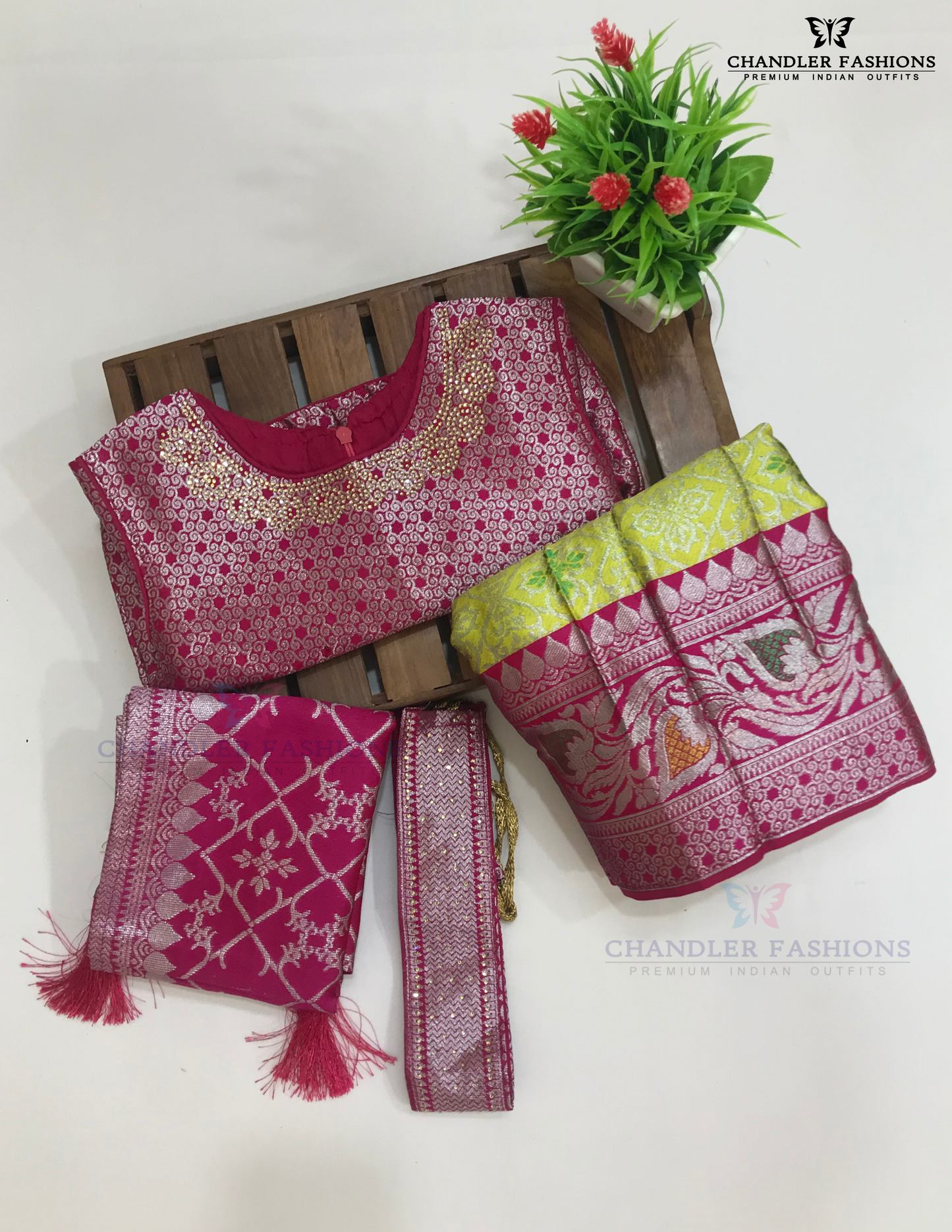 Charming Pink And Light Green Colored Silk Choli Sets With Stone Work Near Me