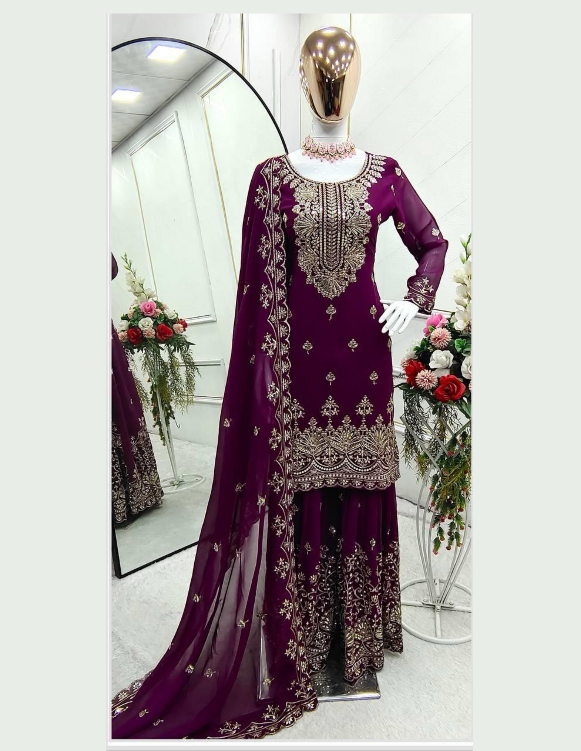 Elegant Wine Color Faux Georgette Sharara Suit With Sleeves  Heavy Embroidery Sequins Work For Women