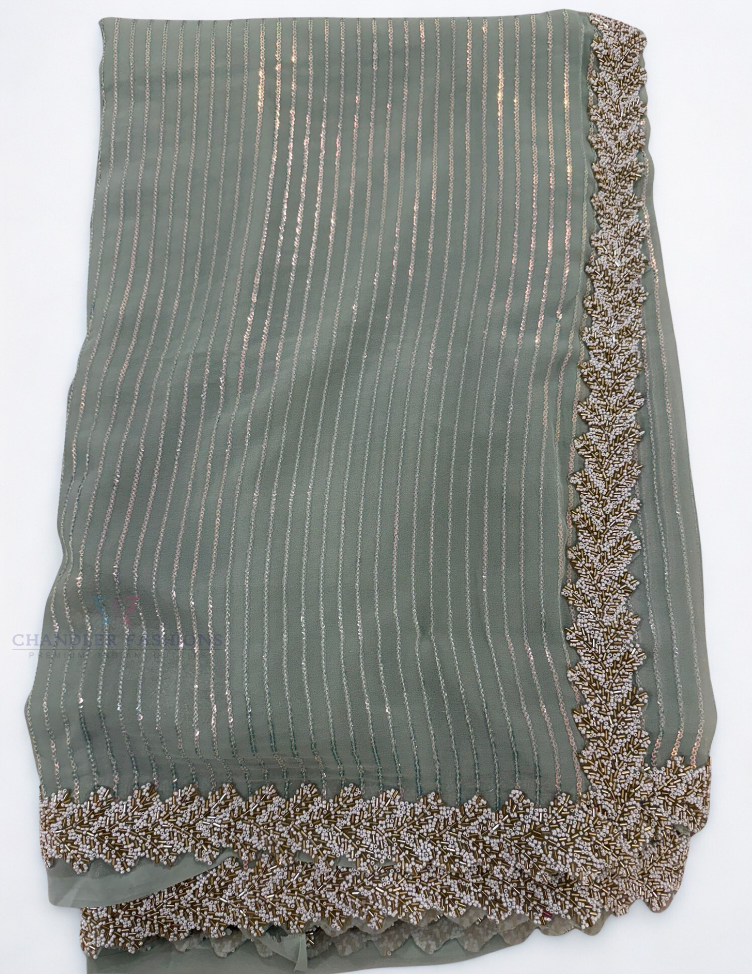 Attractive Pastel Green Color Soft Georgette Sequins With Beaded Lace Border Fancy Saree - PREMIUM QUALITY