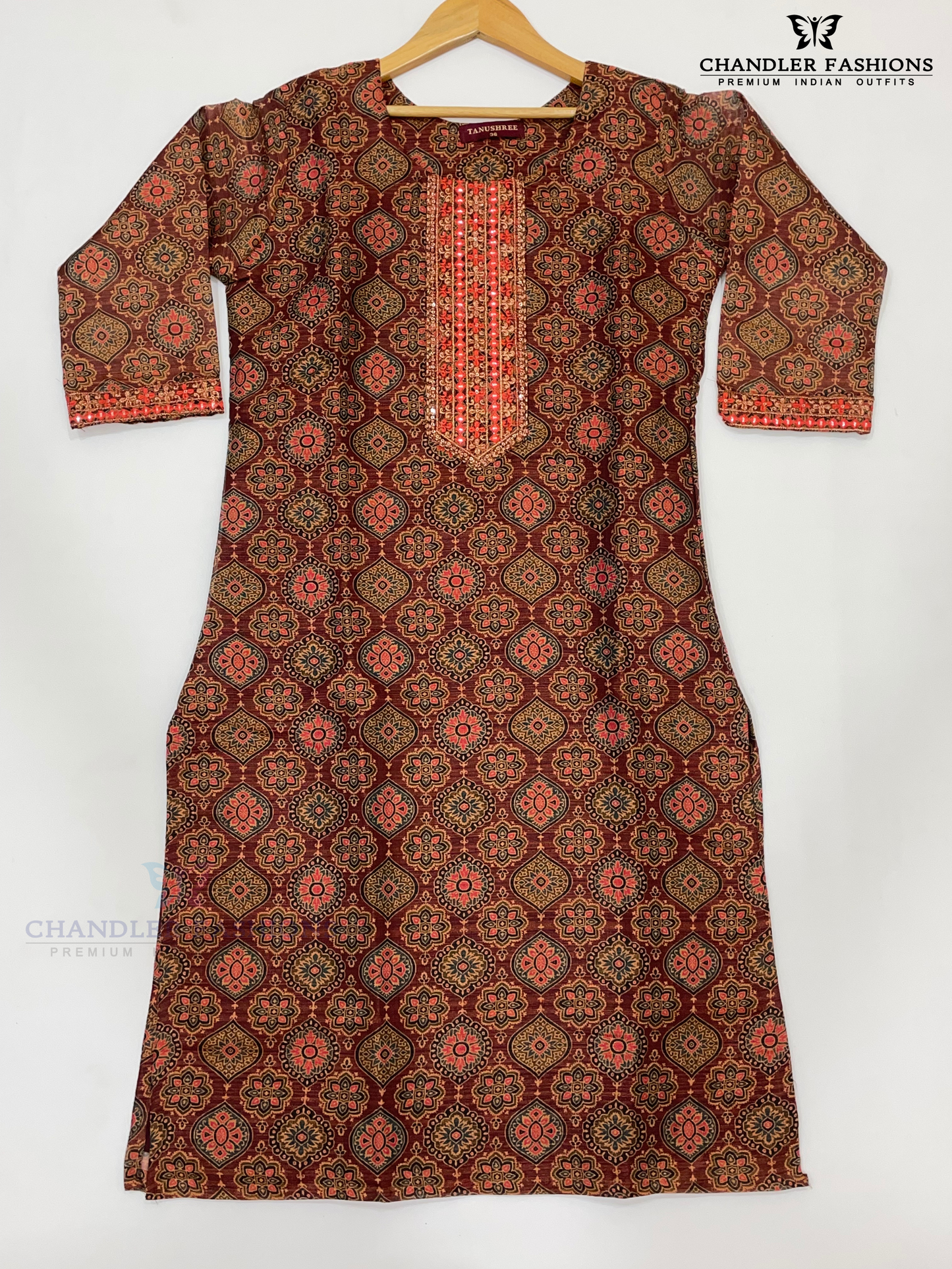 Pleasing Brown Color Kurti With Zari Embroidery And Sequins Work Near Me