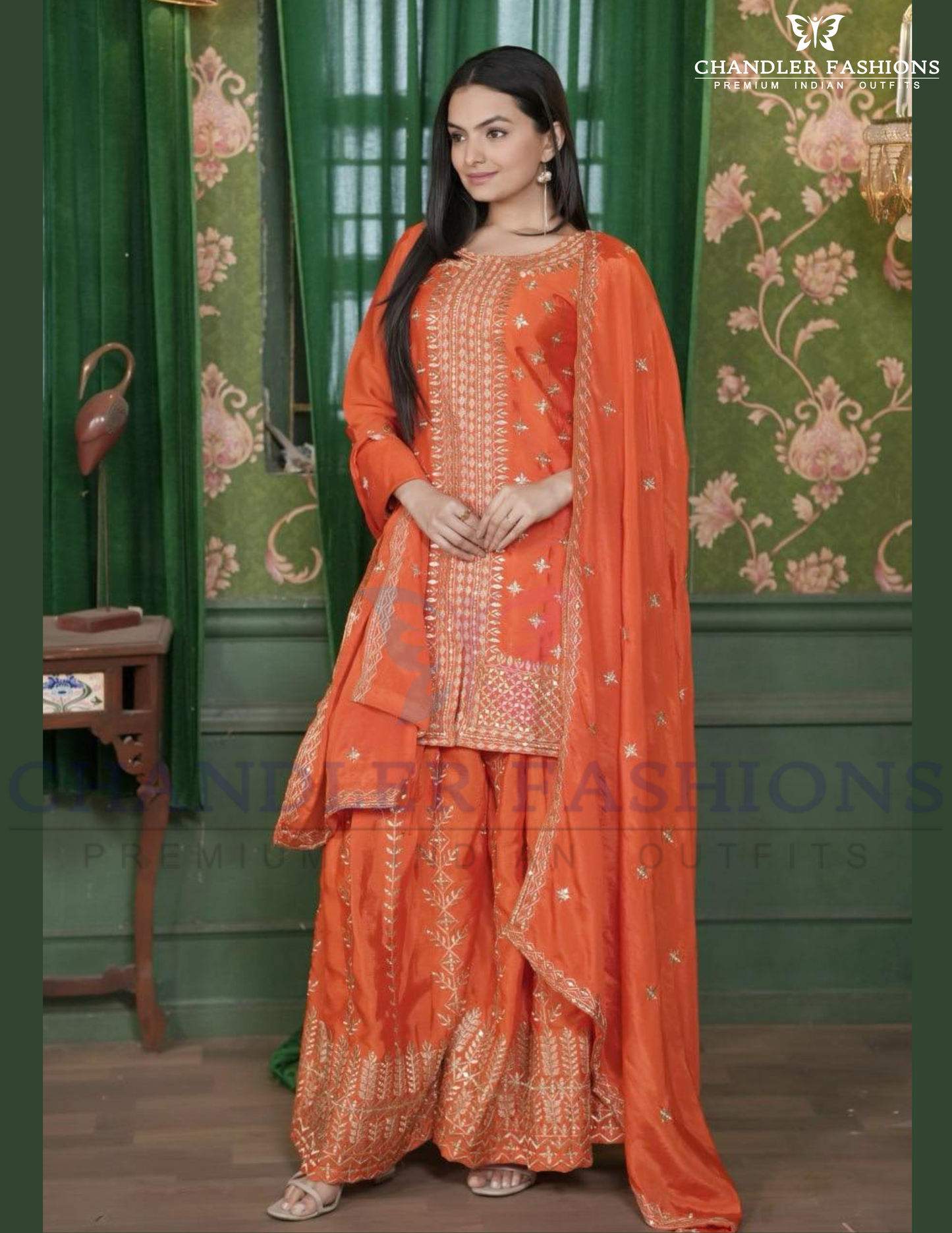 Attractive Orange Color Embroidery And Sequins Work With Palazzo Suits Near Me