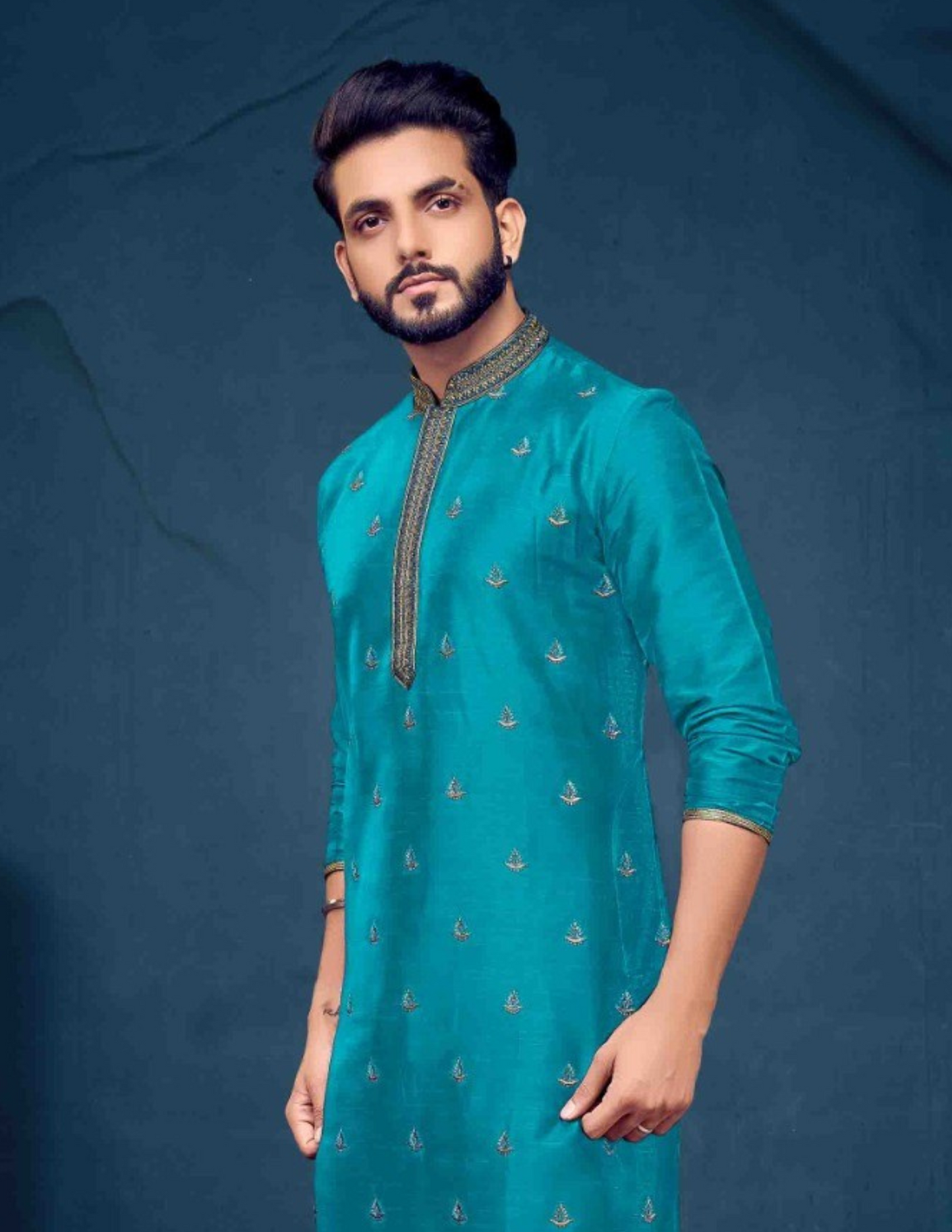 Slub Silk Embroidery Work Kurta Pajama Set For Men Near Me