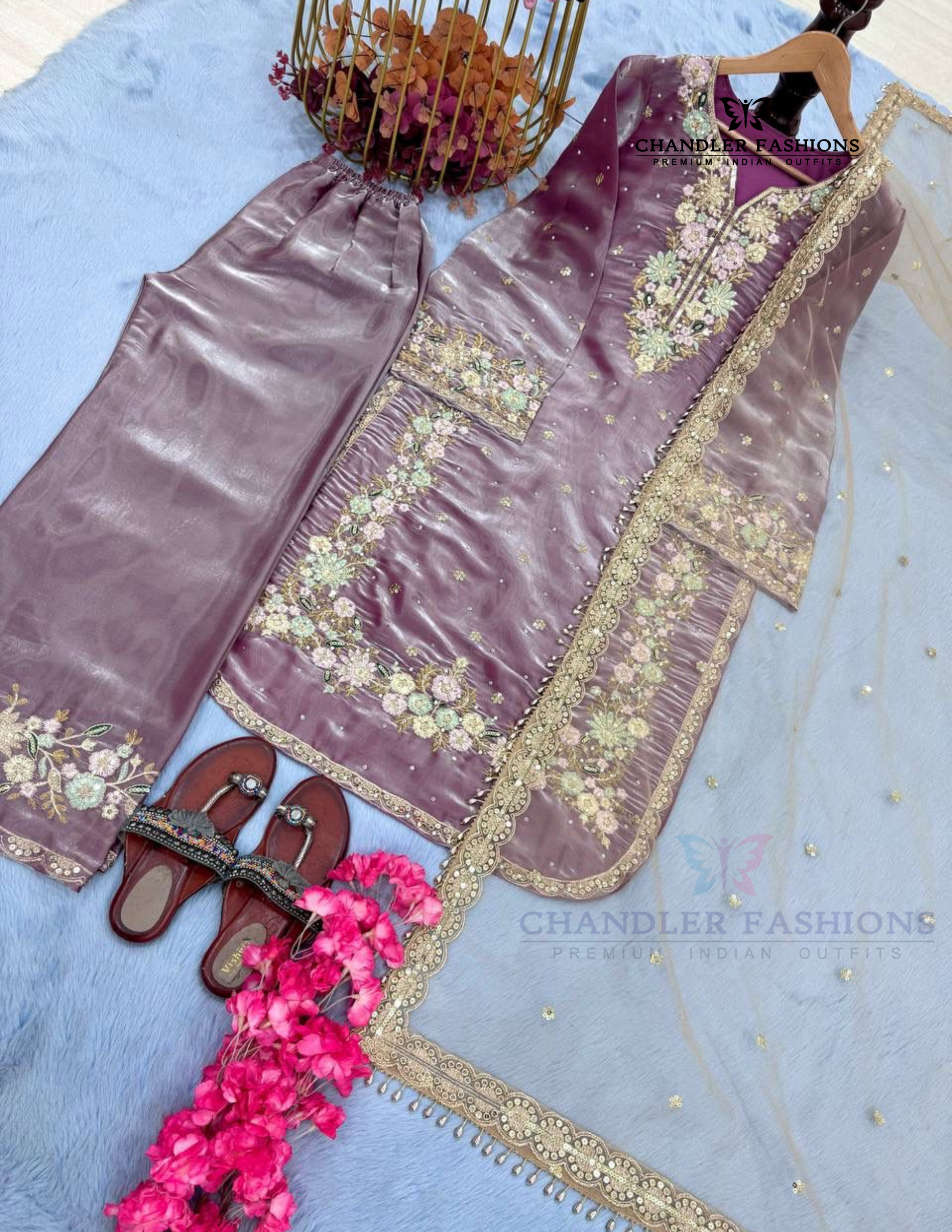 Pretty Lavender Color Embroidery And Sequins Work With Palazzo Suits In USA
