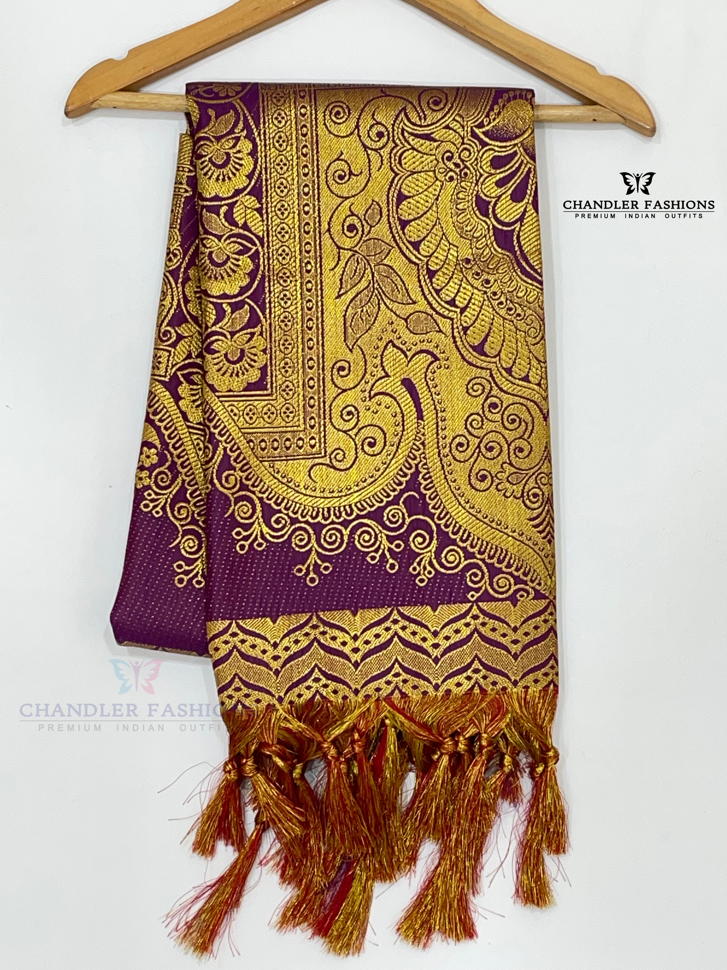 Beautiful Dark Purple Color Silk Shawl With Golden Zari Work In Mesa
