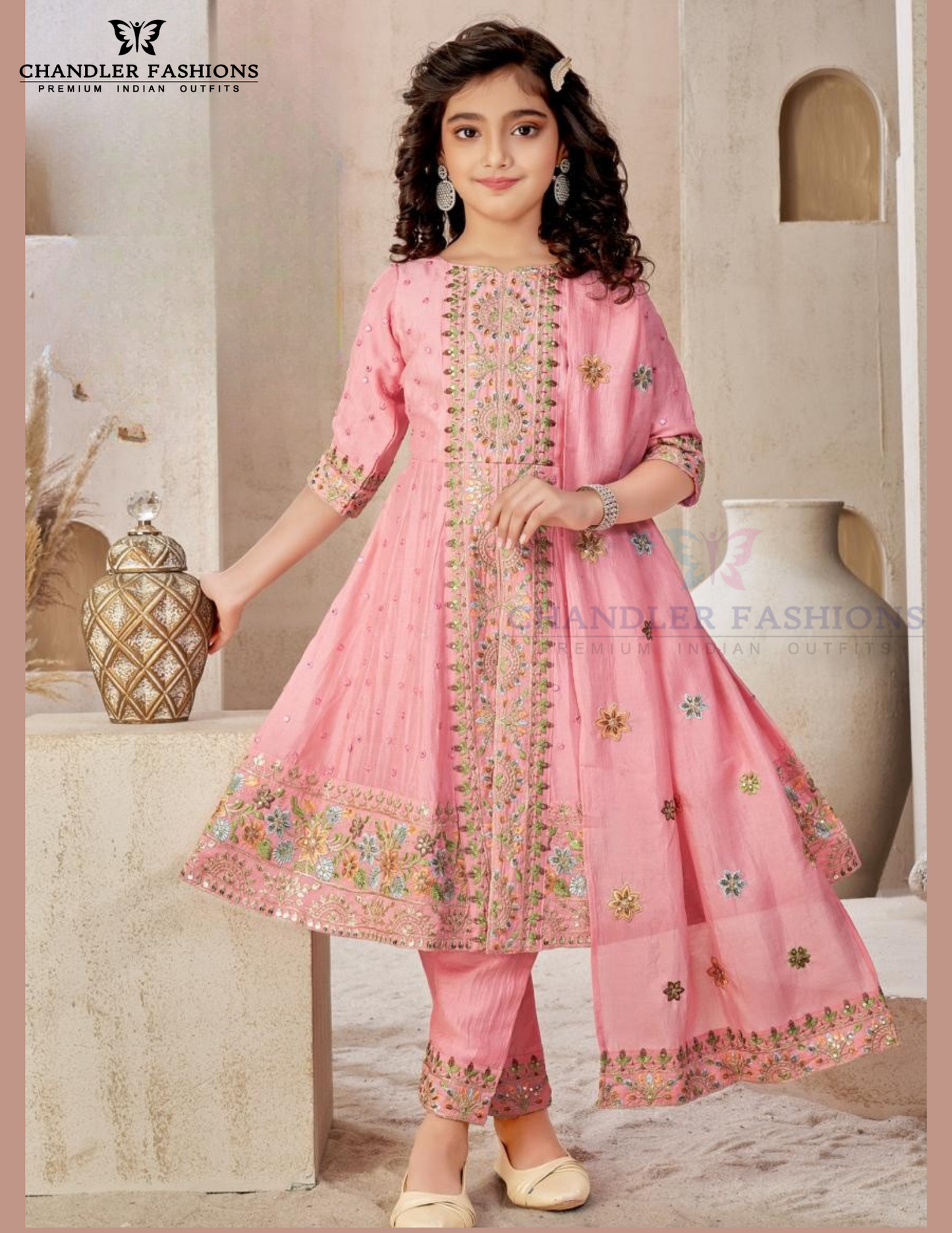 Wonderful Pink Color Chanderi Cotton Embroidery Work Kurti Suit With Dupatta Set For Girls
