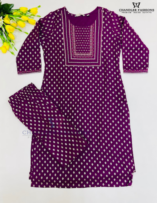 Attractive Purple Color Cotton With Embroidery And Printed Work Kurti Suits For Women