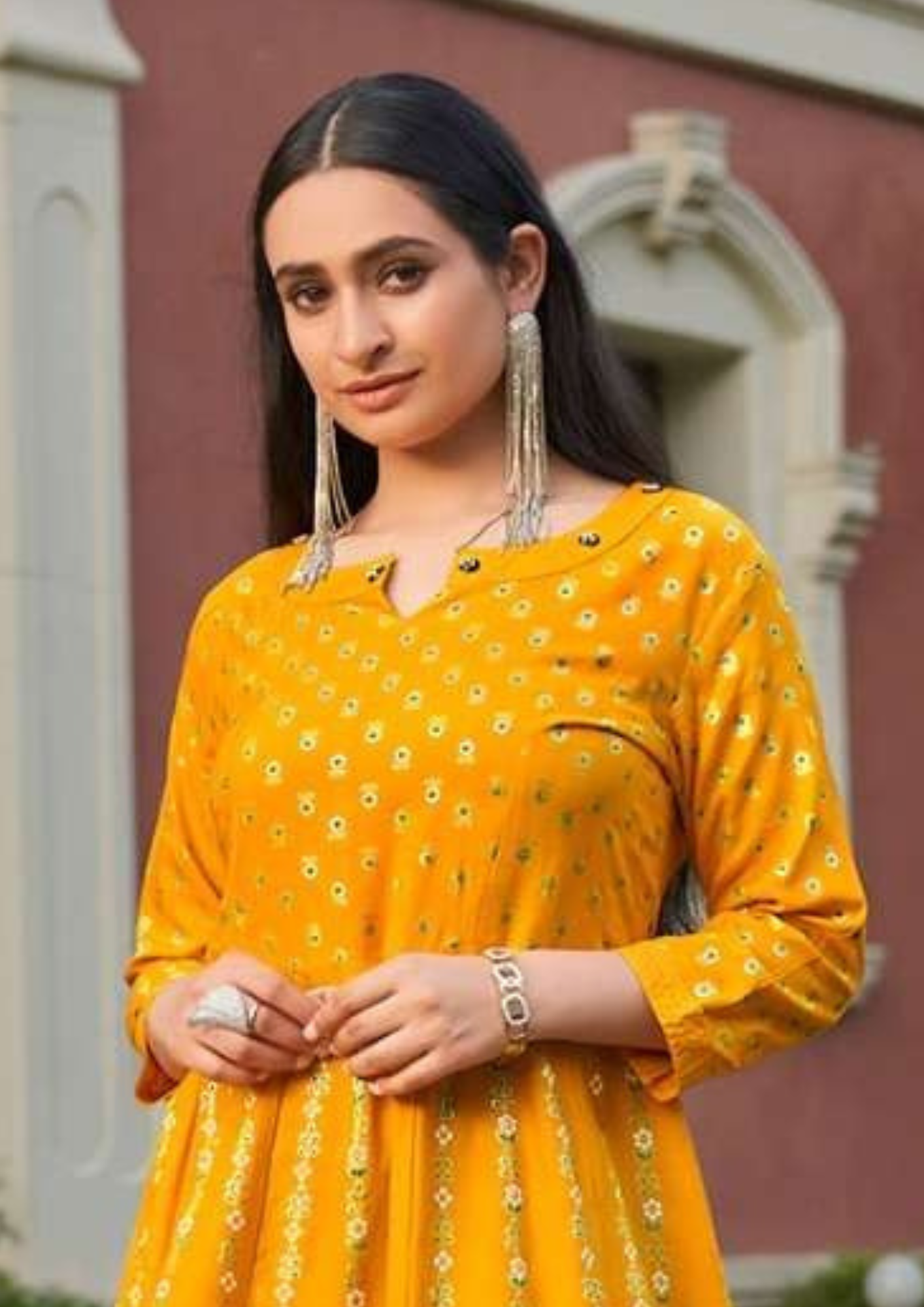 Attractive Yellow Colored Heavy Rayon With Foil Prints Kurti For Women Near Me