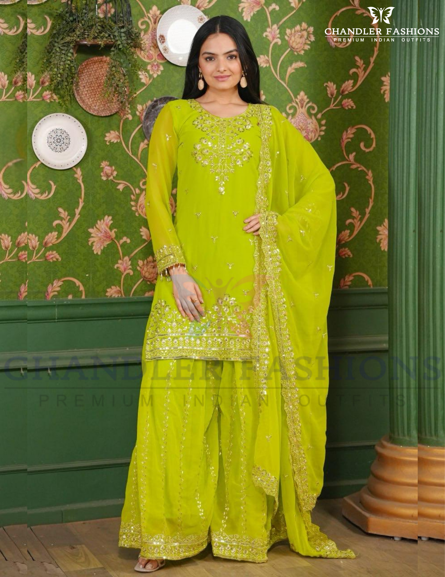 Georgette Embroidery And Sequins Work With Palazoo Suits With Dupatta Near Me