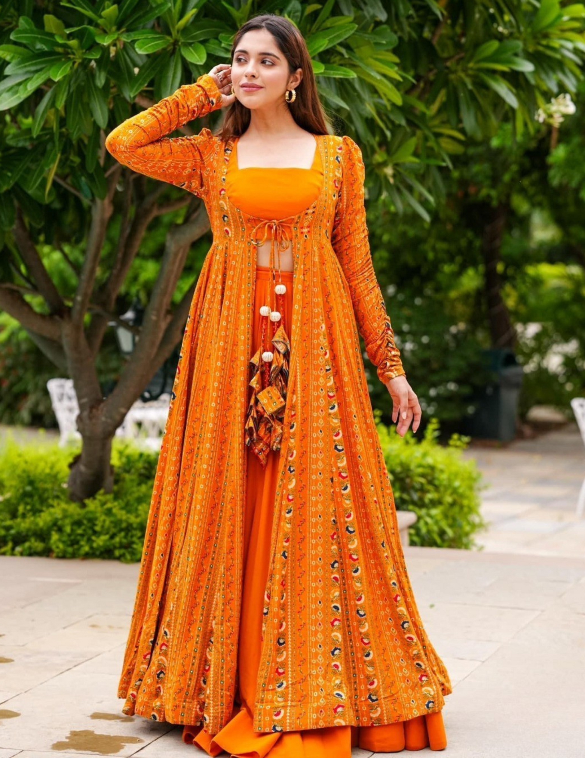 Alluring Printed Orange Shrug Style Indo Western Gown Near Me