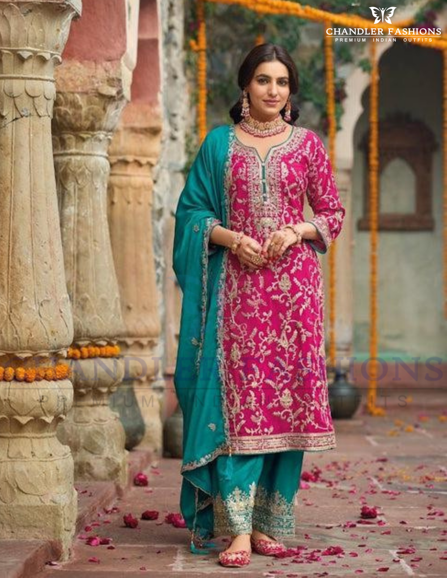 Alluring Rani Pink Color Chinon Embroidery Work Palazzo Suits With Dupatta
