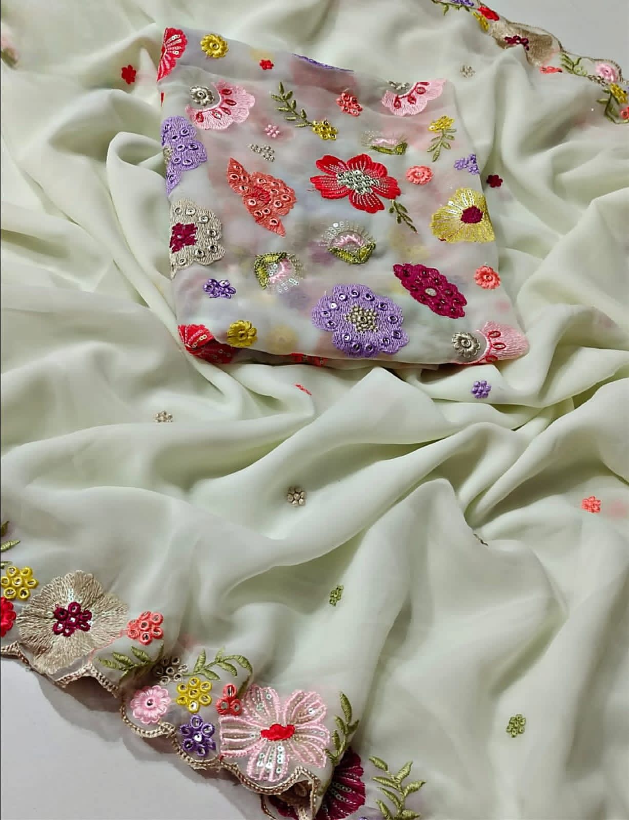 Elegant White Colored Faux Georgette With Designer Embroidery work Saree For Women Near Me