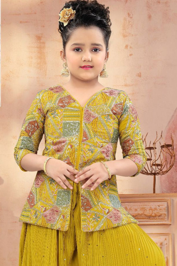 Charming Yellow Colored Embroidery Coat With Palazzo Pant Set Near Me