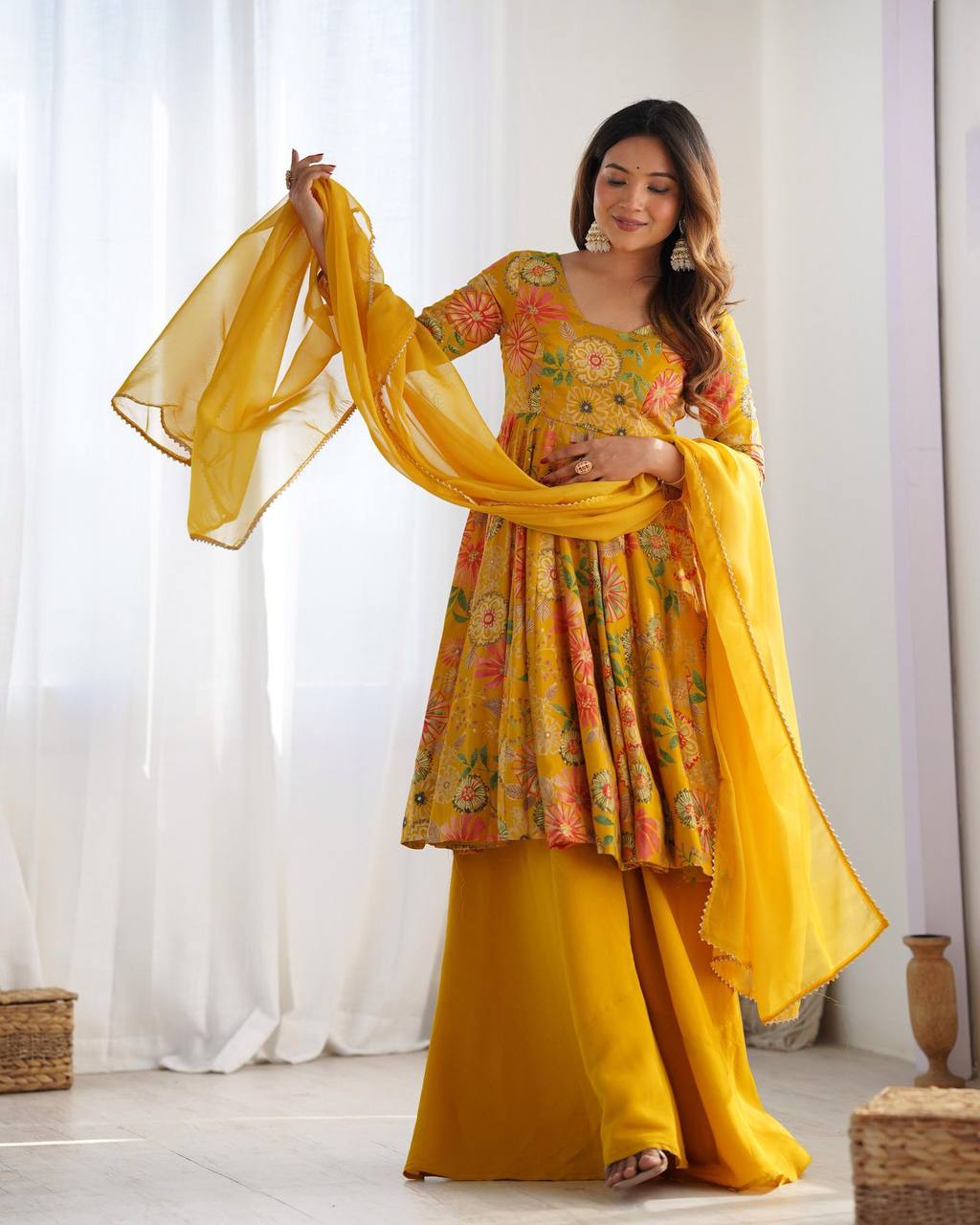 Yellow Color Roman Silk Kurti And Palazzo With Dupatta Set Near Me