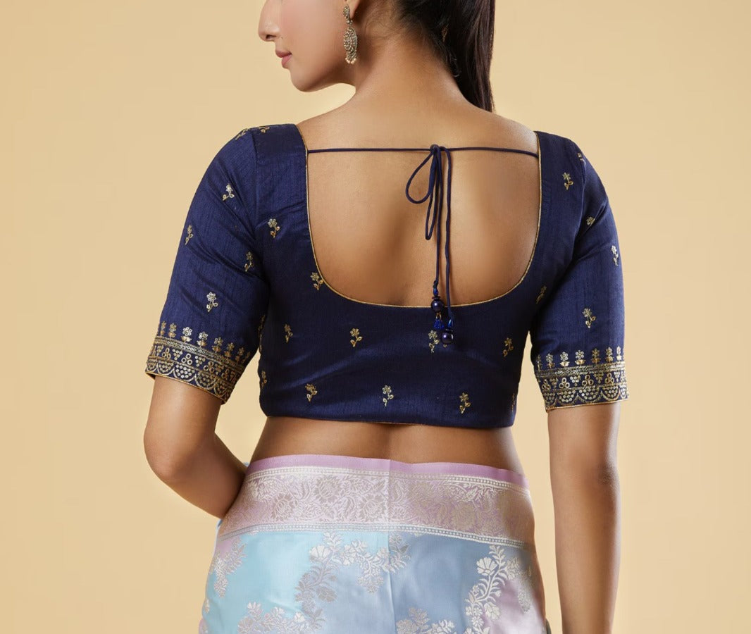 Alluring Front Open Navy Blue Color Elbow Sleeve Readymade Blouse in Chandler