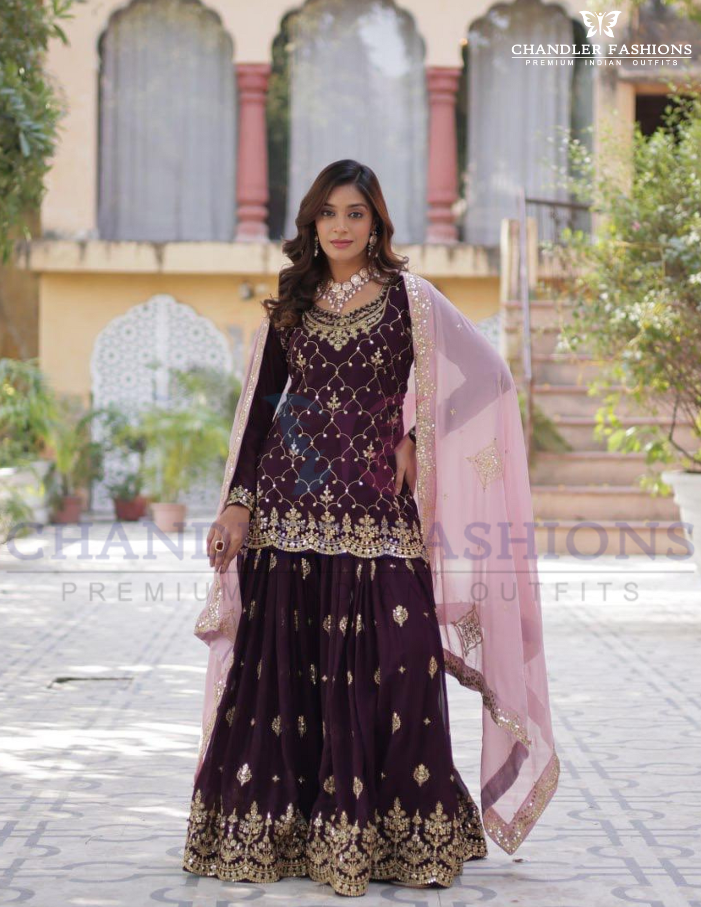 Graceful Dark Purple Color Faux Blooming Fabric With Embroidery And Sequins Work With Palazzo Suits