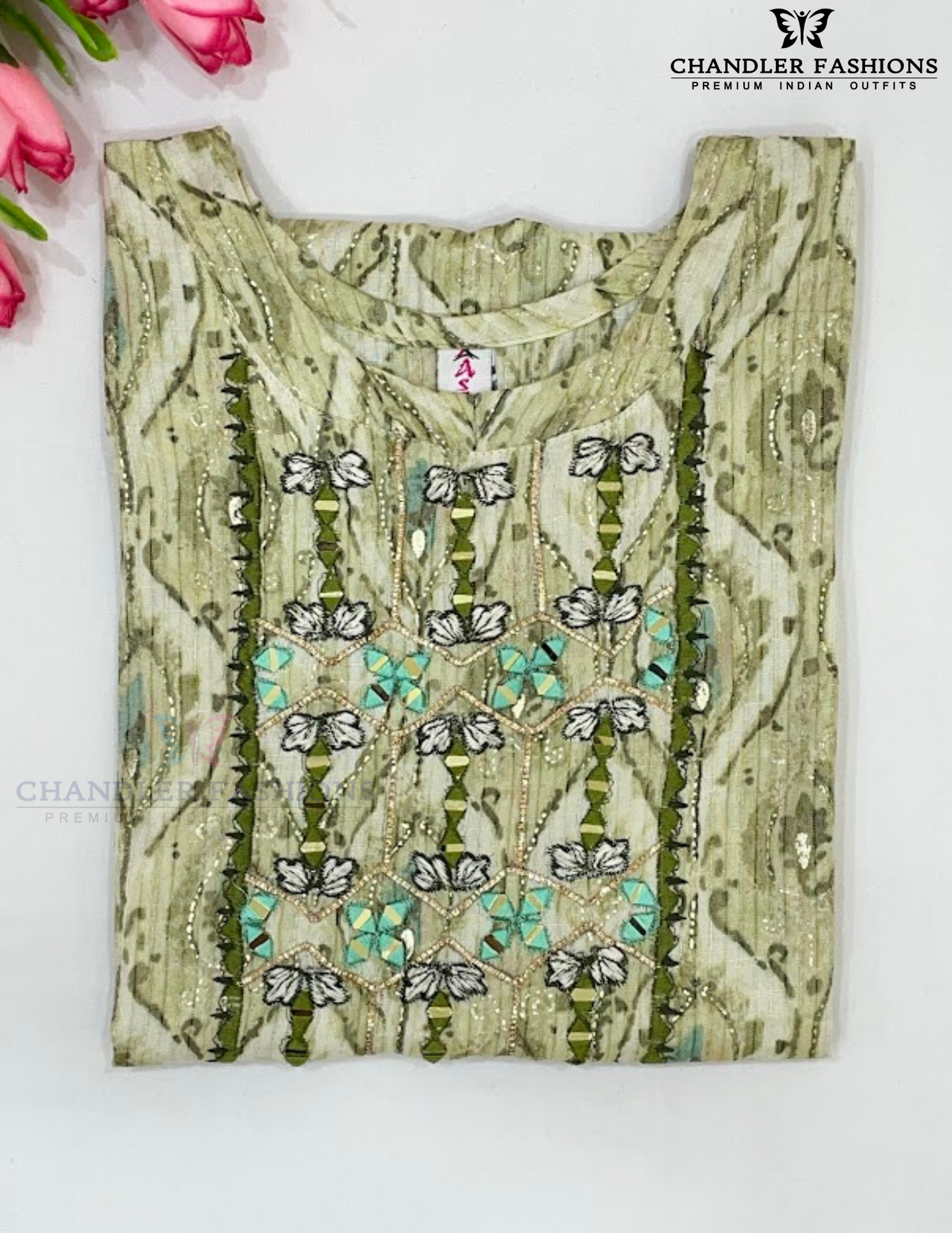 Attractive Cream and Light Green Color Poly Cotton With Thread And Mirror Work Kurti For Girls Near Me
