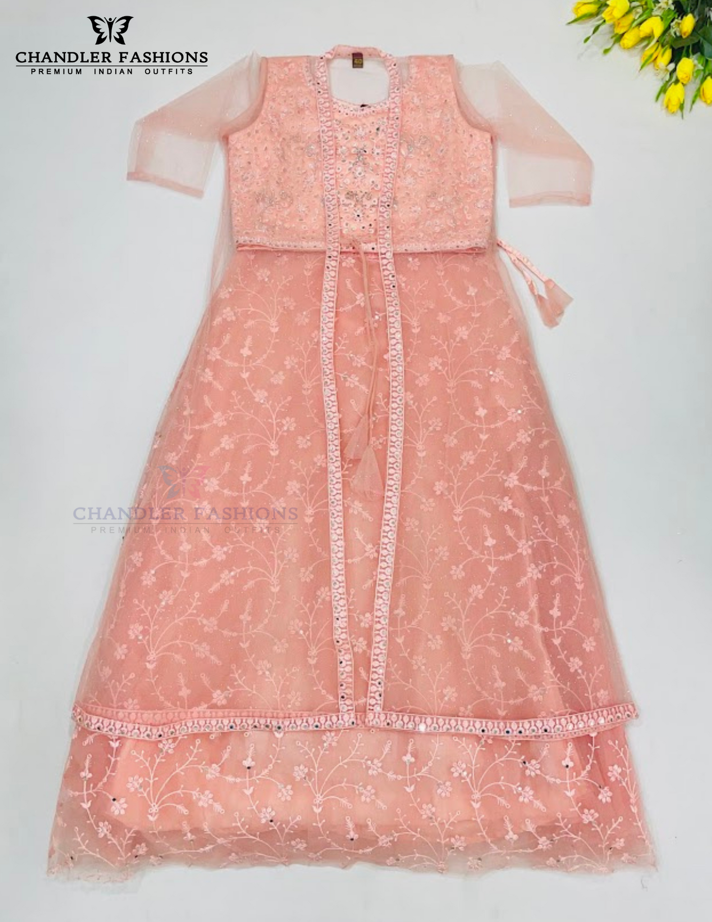 Attractive Peach Colored Stone And Embroidery Work Choli For Girls