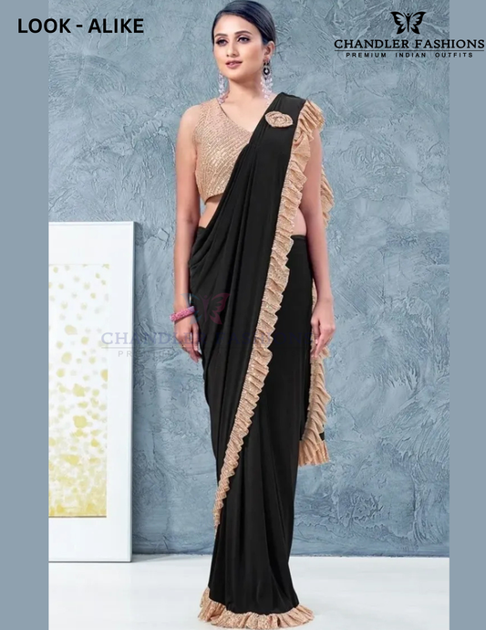 Attractive Black Color Ready To Wear One Minute Lycra Designer Saree