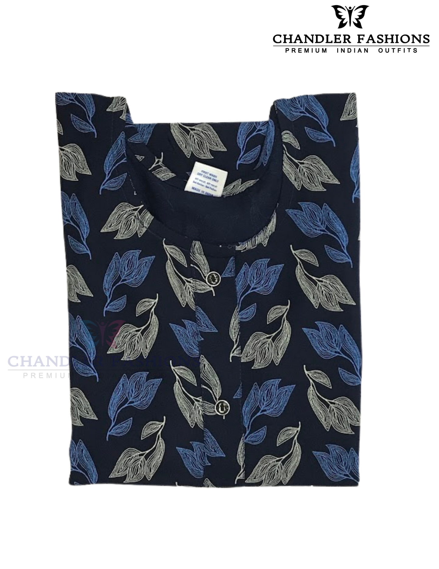 Alluring Navy Blue Color Leaf Design Rayon With Printed Work Kurti For Girls Near Me