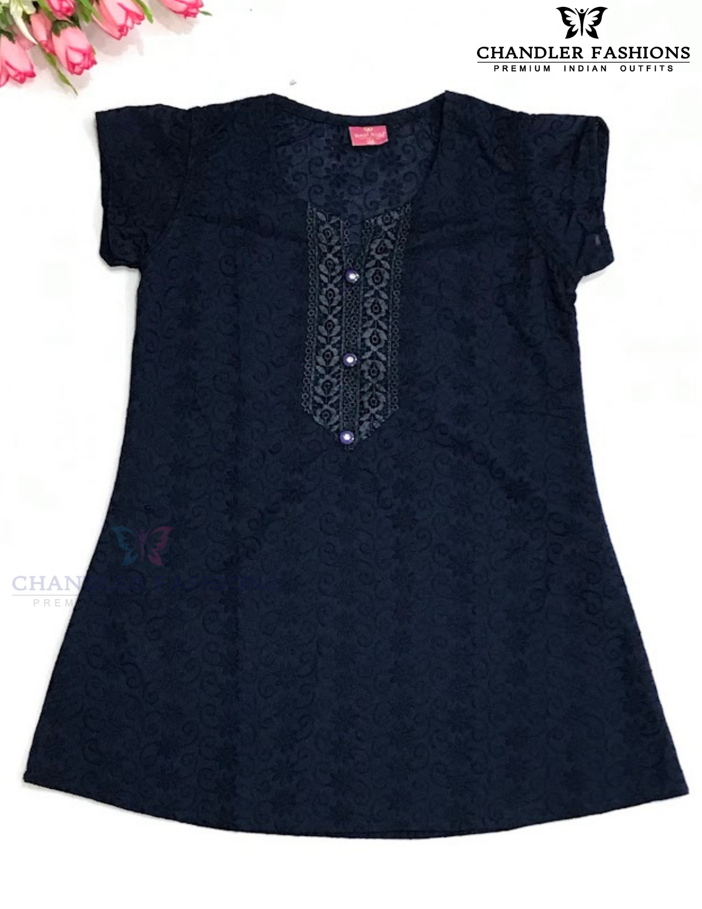 Wonderful Dark Blue Color Cotton With Embroidery Work Kurti For Girls