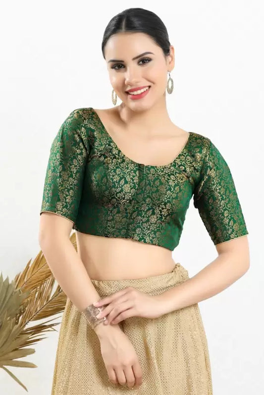 Gorgeous Dark Green Colored Jacquard Printed Blouse For Women