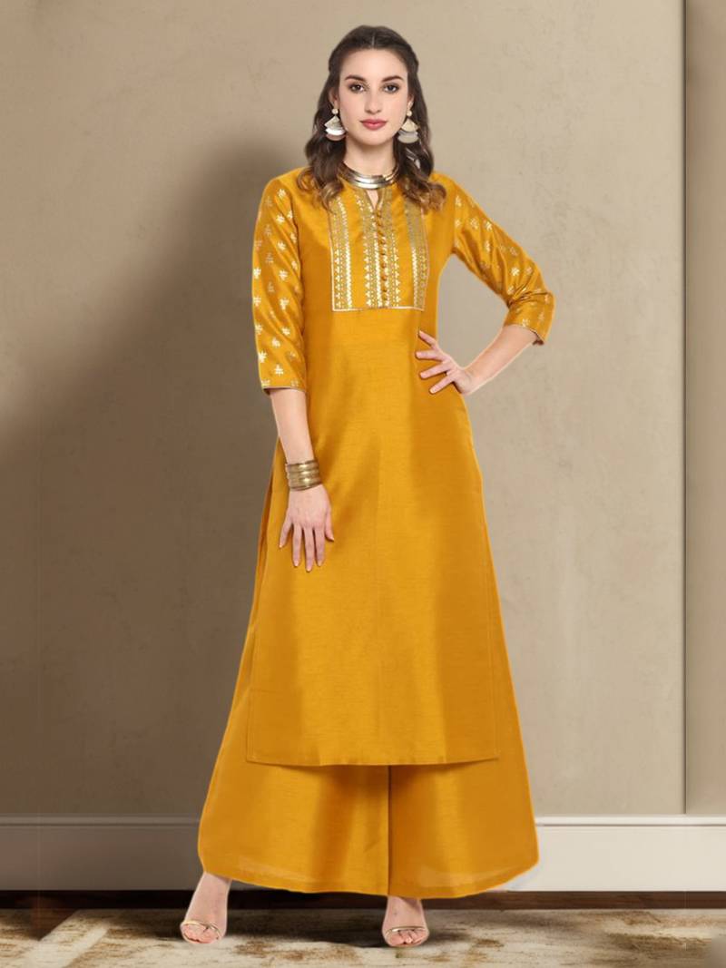 Attractive Mustard Yellow Color Poly Silk Floral Printed Kurti with Palazzo Suits For Women