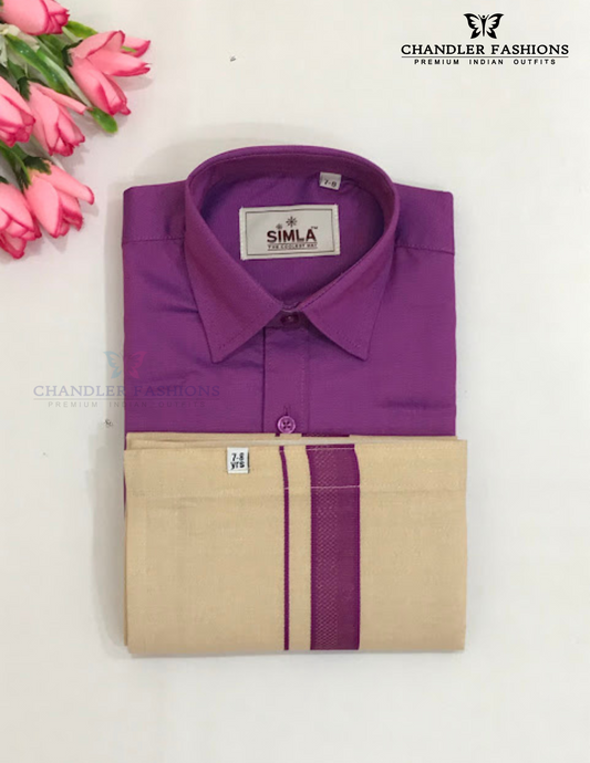 Stunning Purple Cotton Shirt With Tissue Zari Work Dhoti Set For Kids