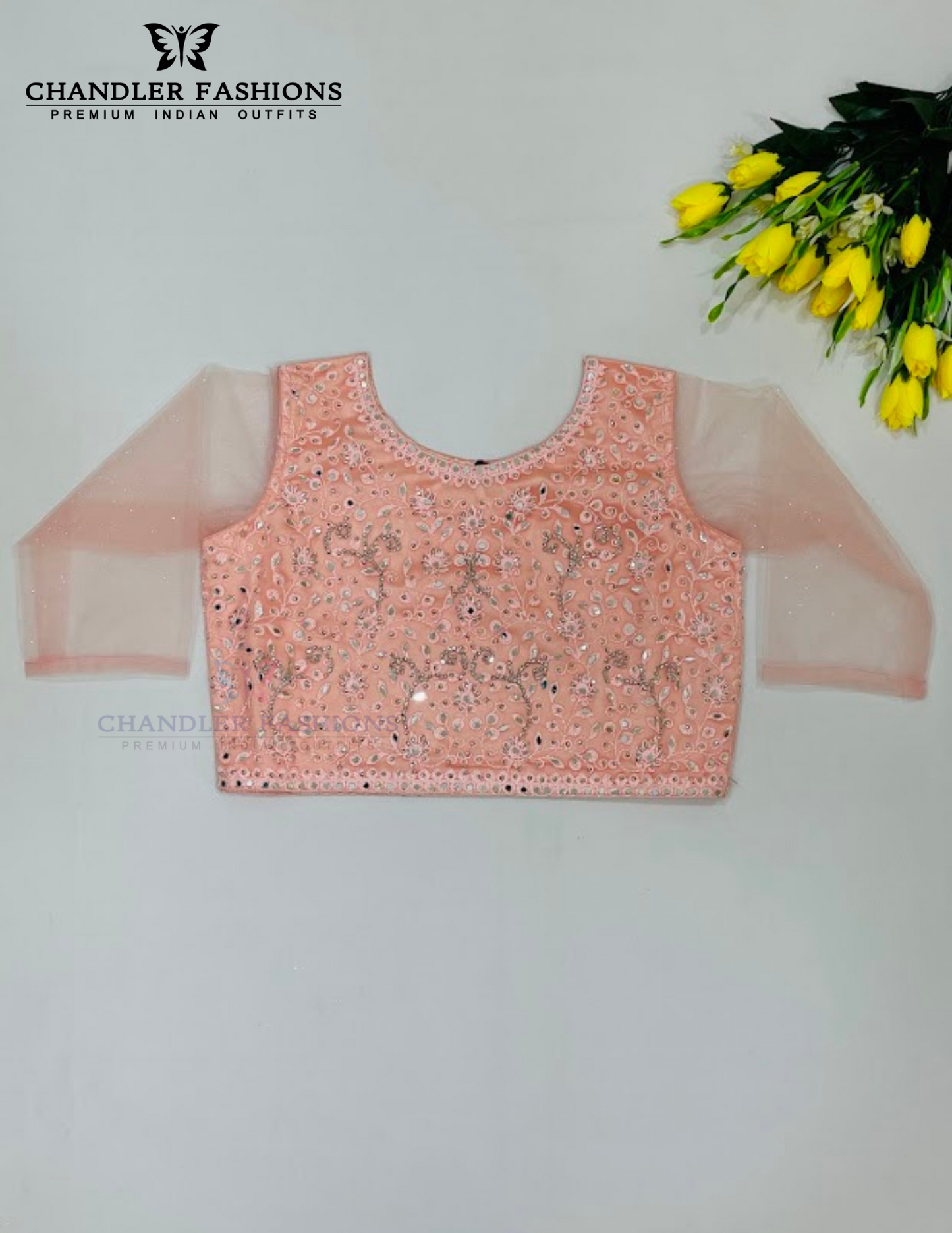 Attractive Peach Colored Stone And Embroidery Work Choli For Girls Near Me