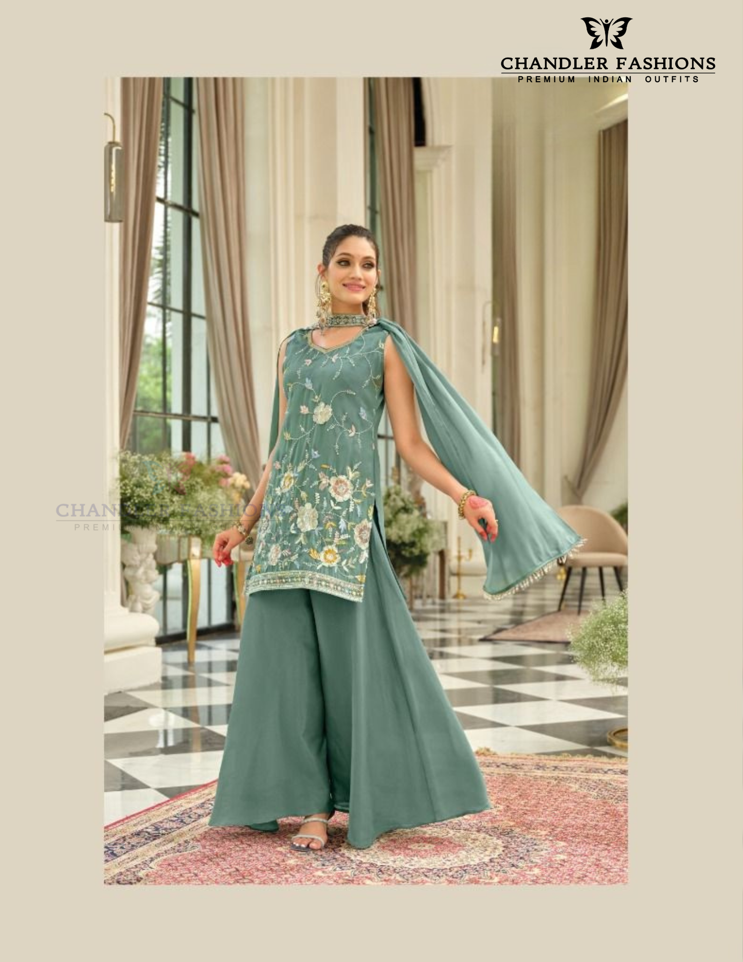 Pale Green Color Shimmer Silk Work Palazzo Suits In USA