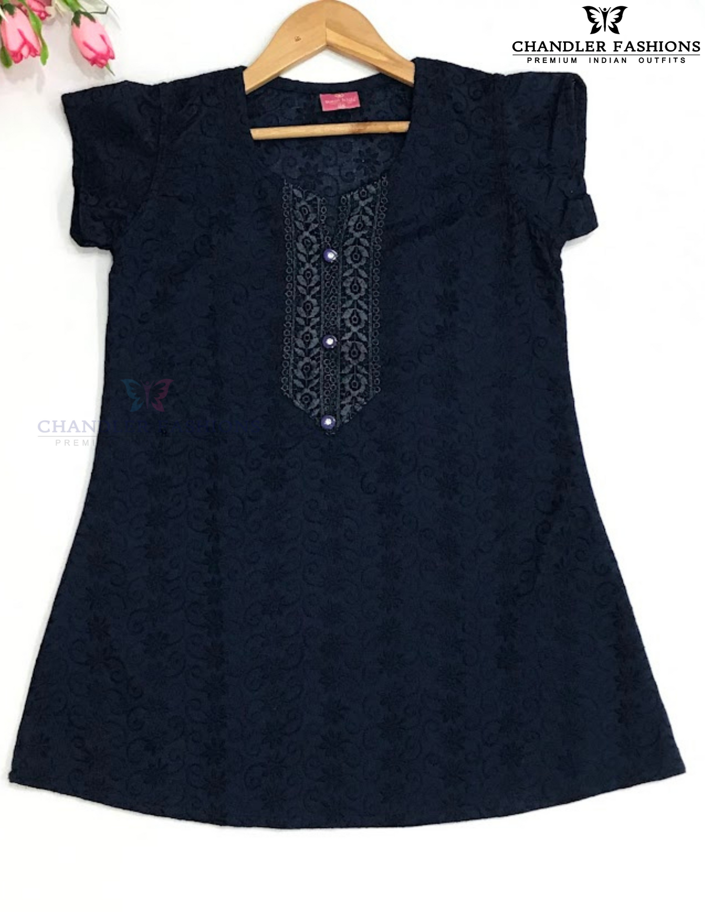 Wonderful Dark Blue Color Cotton With Embroidery Work Kurti For Girls Near Me