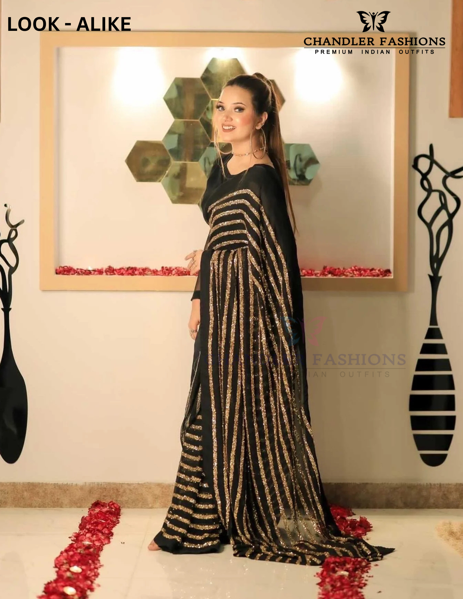 Black Premium Blooming Georgette Sequins Work Designer In Tempe