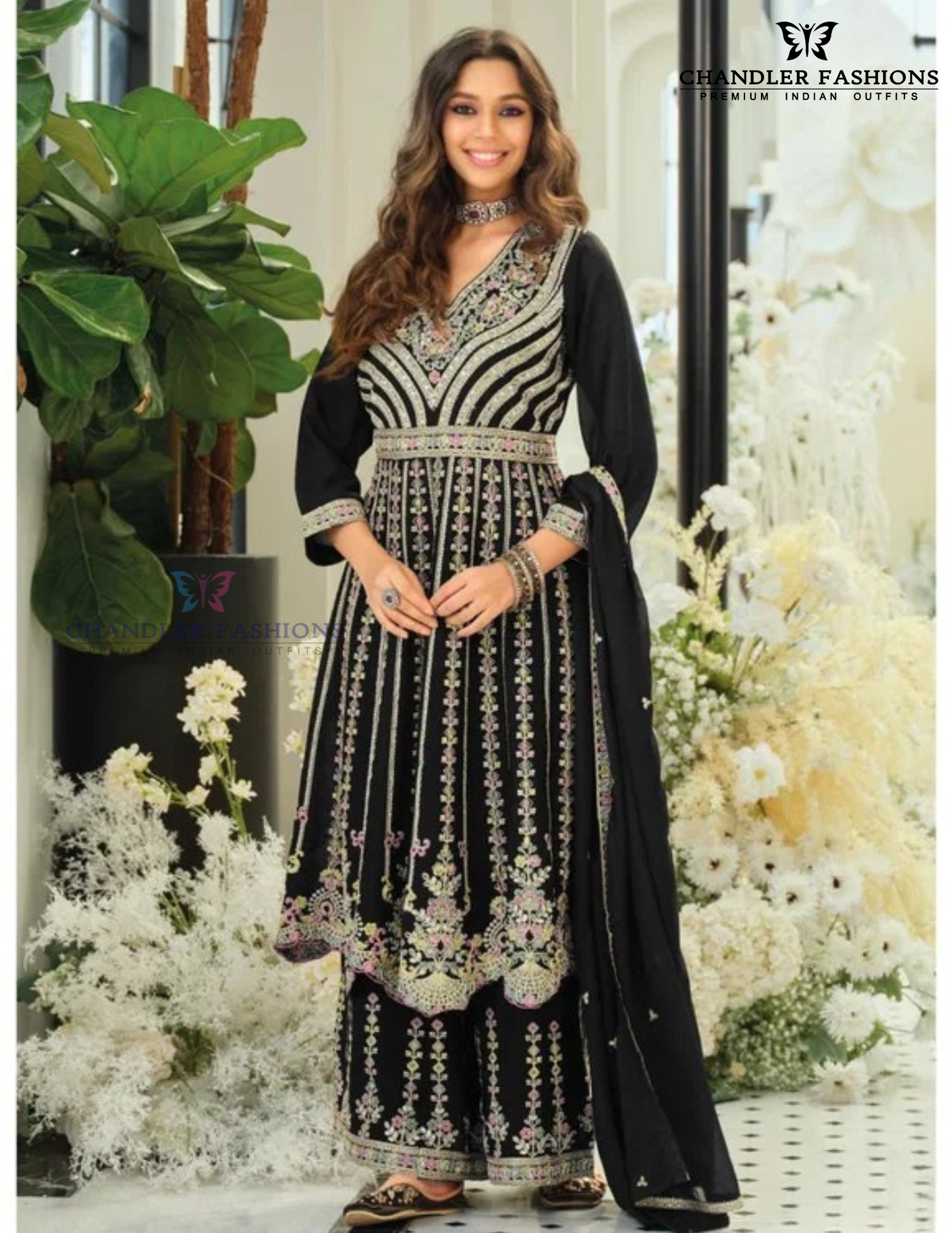 Amazing Black Color Chinon With Embroidery Work Palazzo Suits For Women