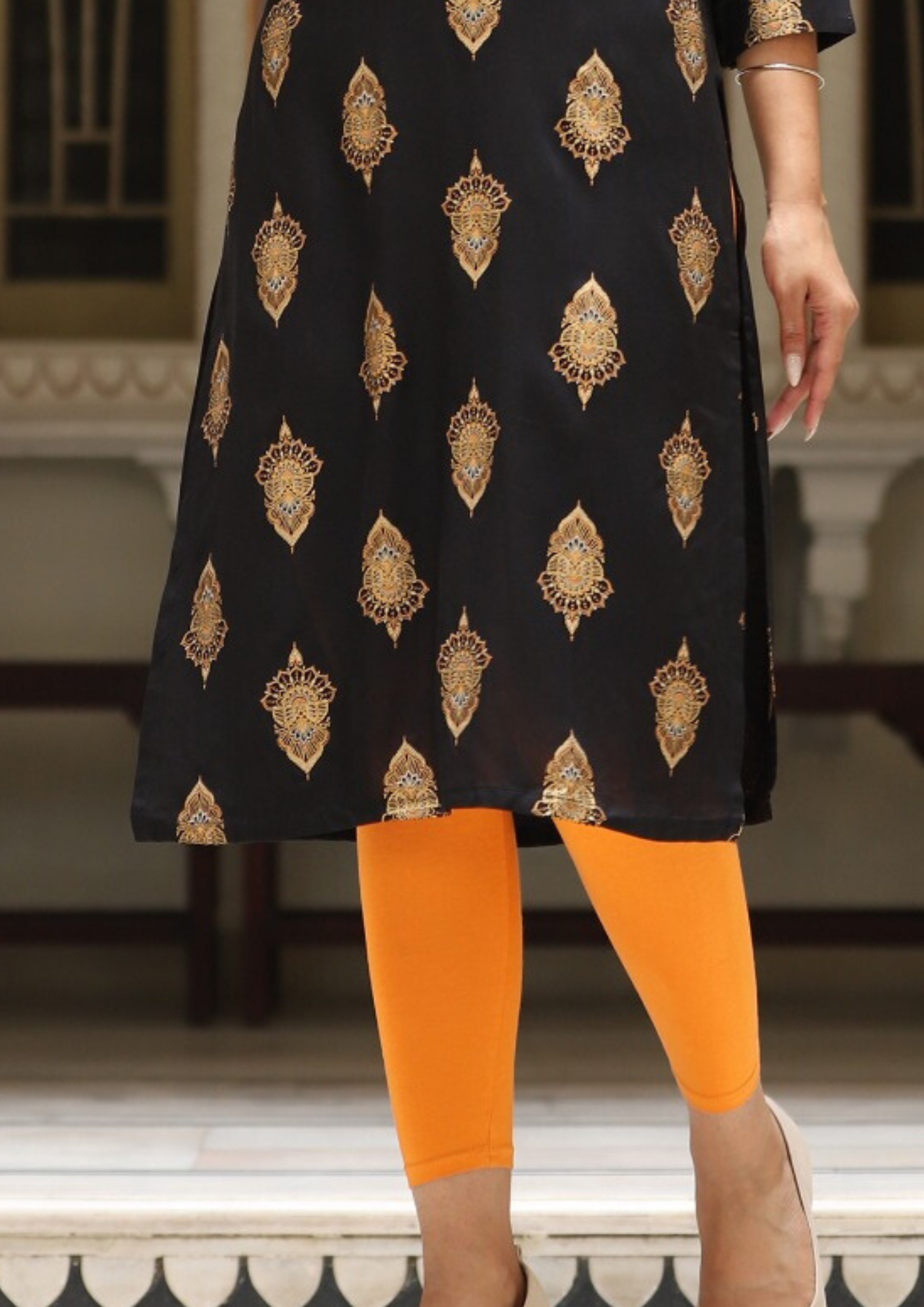 Pretty Black Color Gold printed Kurti With Fancy Embroidery Work In Suncity
